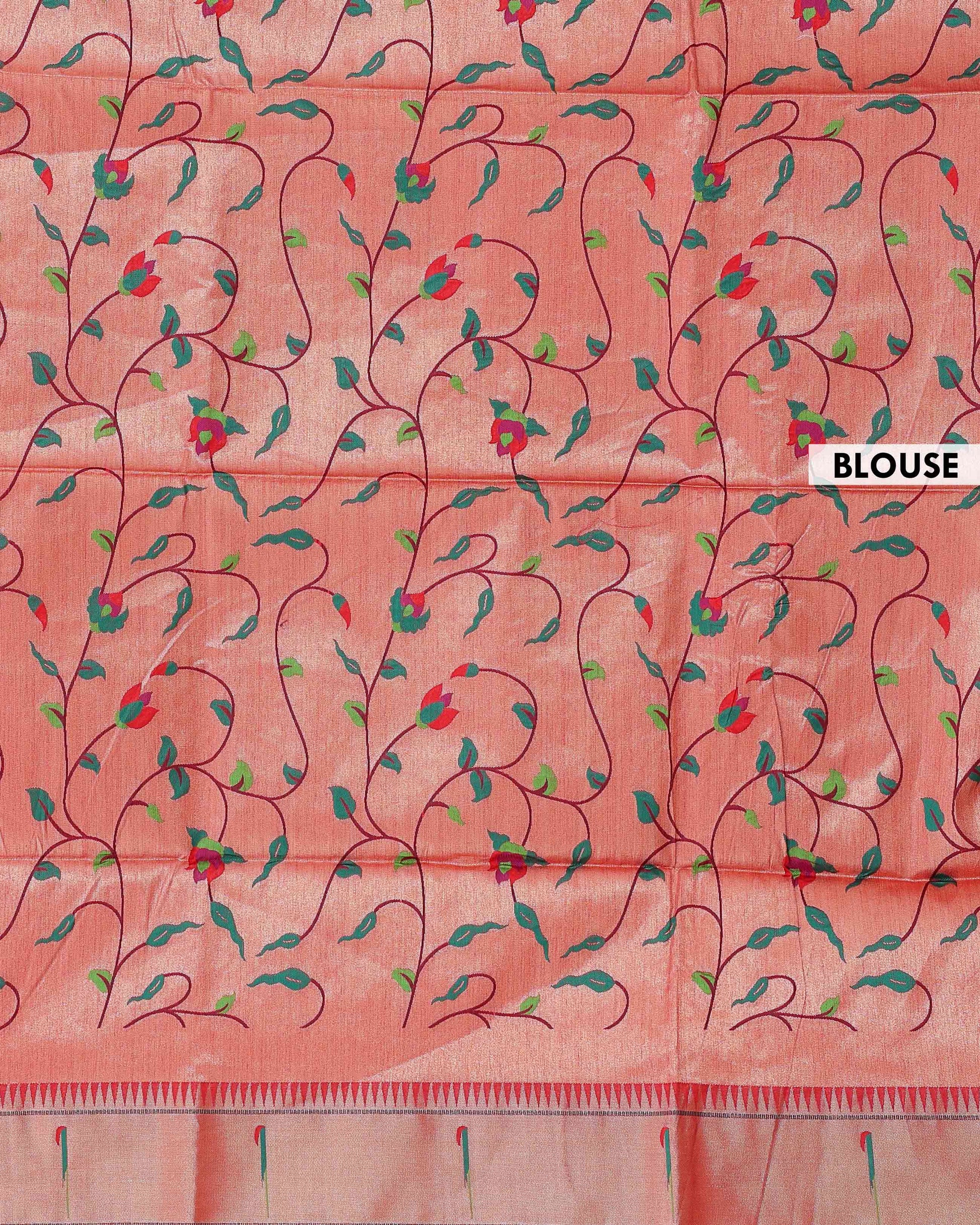 Elegant Paithani Saree with Elaborate Peacock and Floral Weaving on the Pallu - Red-Blouse