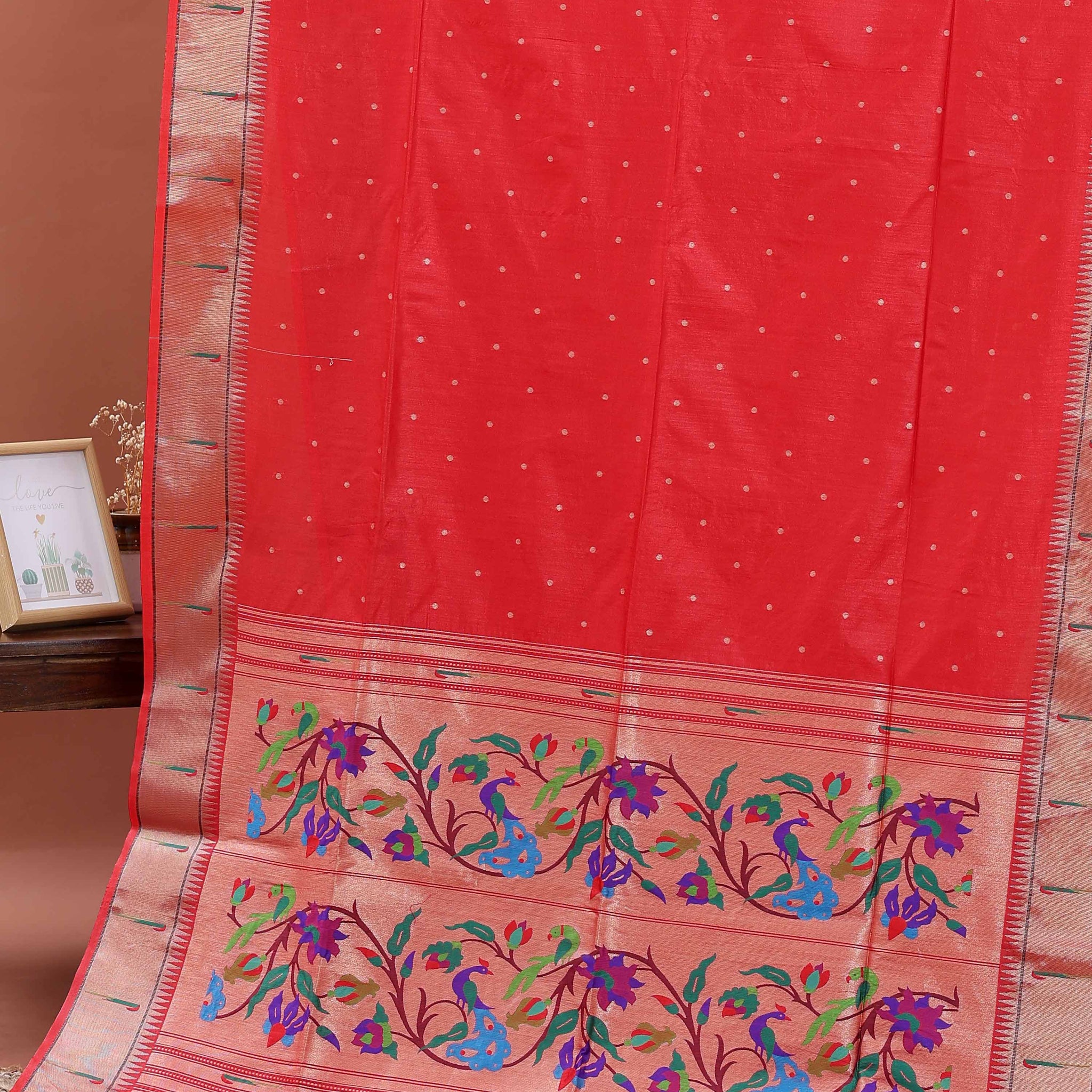 Elegant Paithani Saree with Elaborate Peacock and Floral Weaving on the Pallu - Red