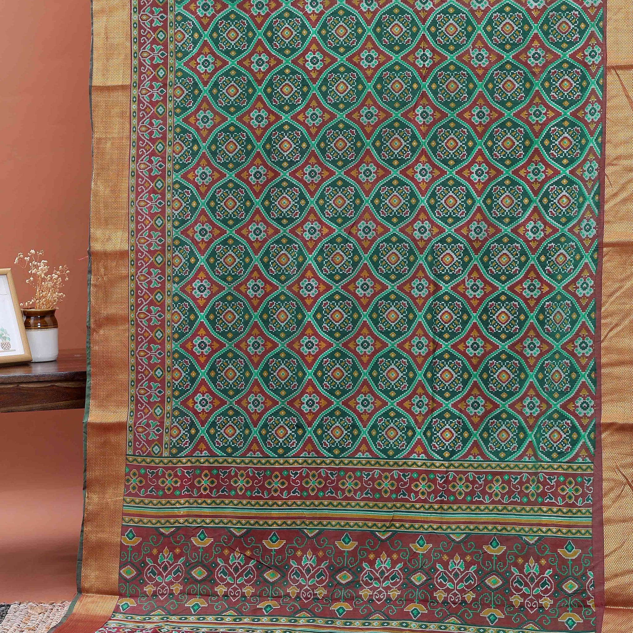 Elegant Patola Handloom Saree with Woven Geometric and Floral Designs - Green