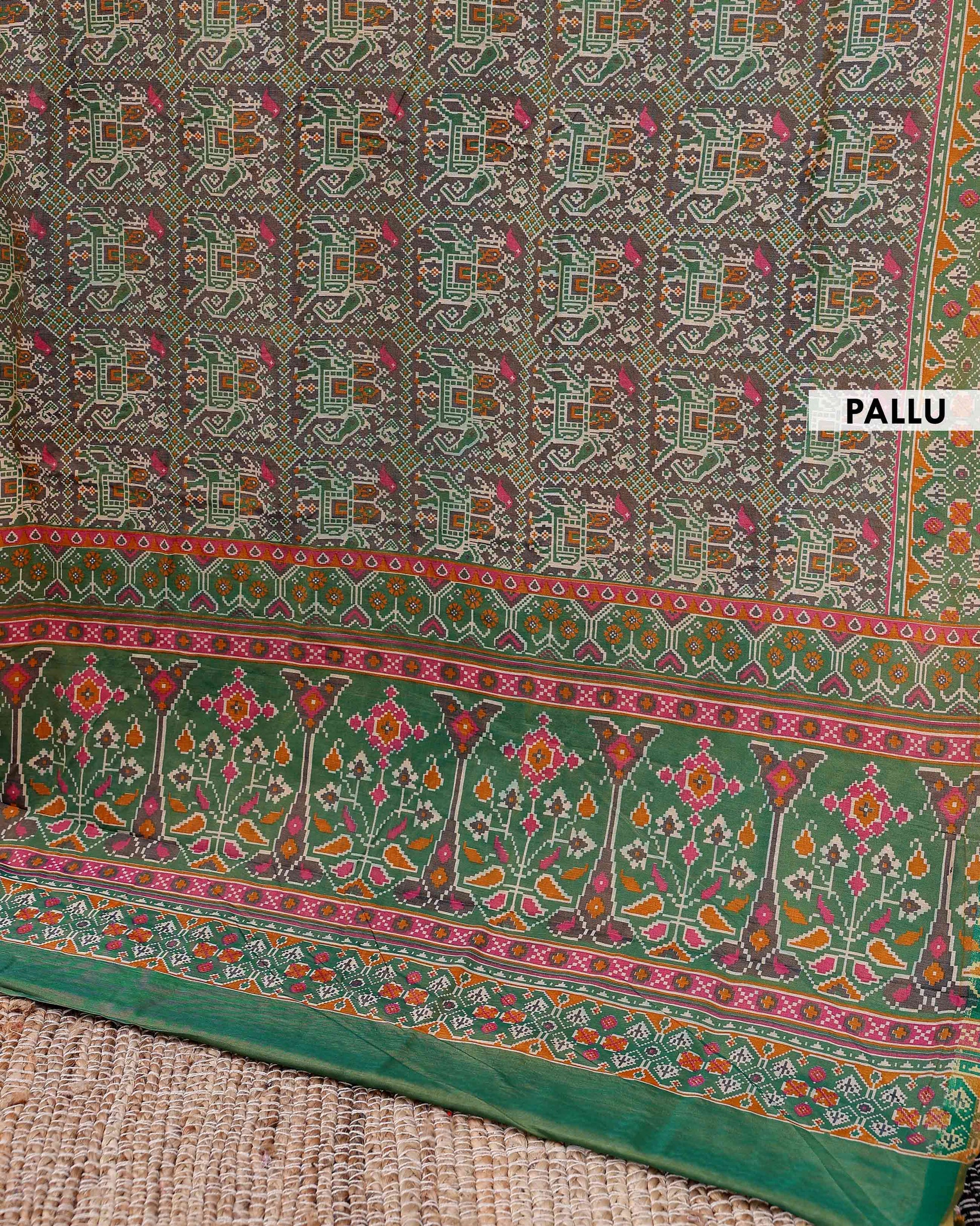 Elegant Patola Semi-Silk Saree with Intricate Geometric and Floral Motifs - Brown-pallu