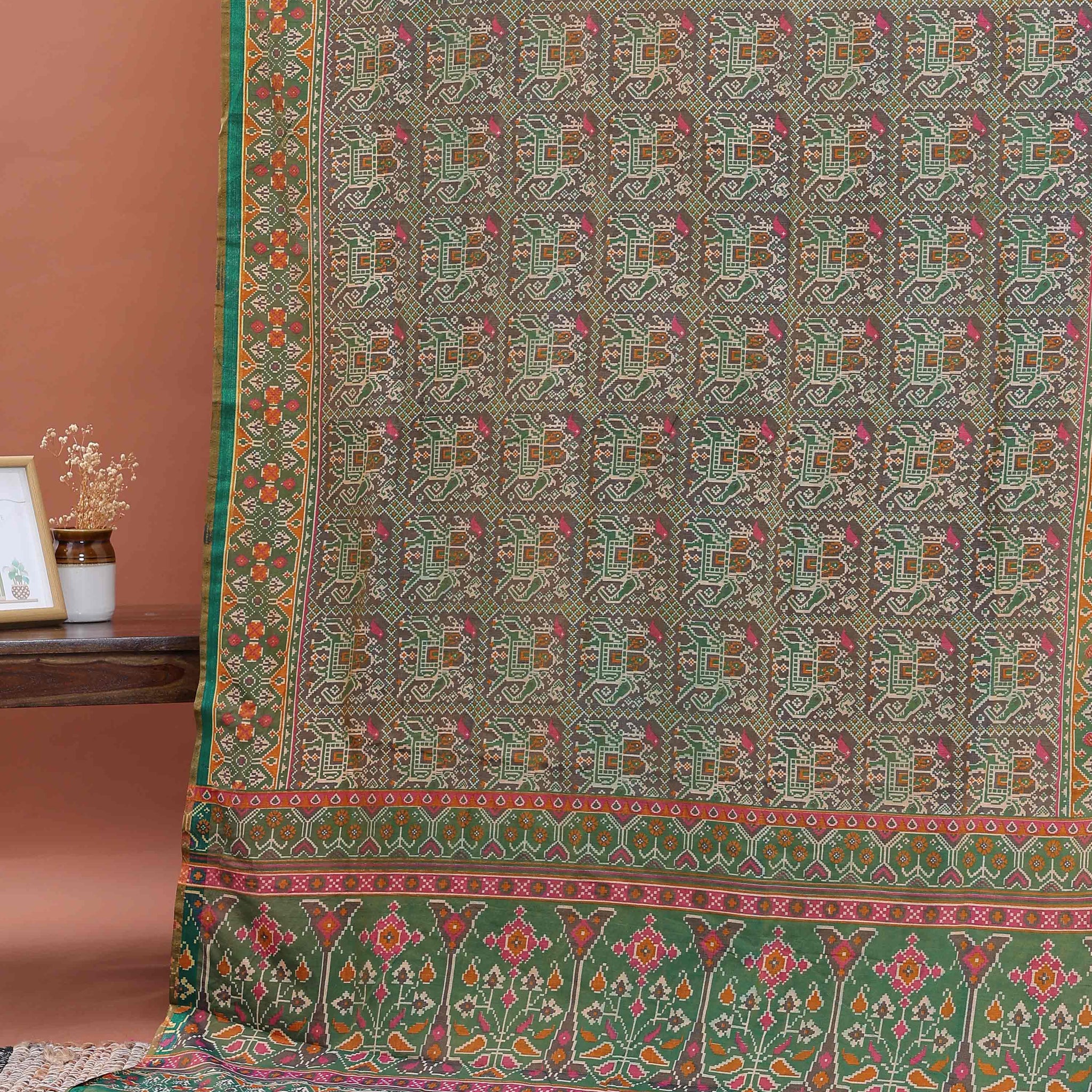 Elegant Patola Semi-Silk Saree with Intricate Geometric and Floral Motifs - Brown