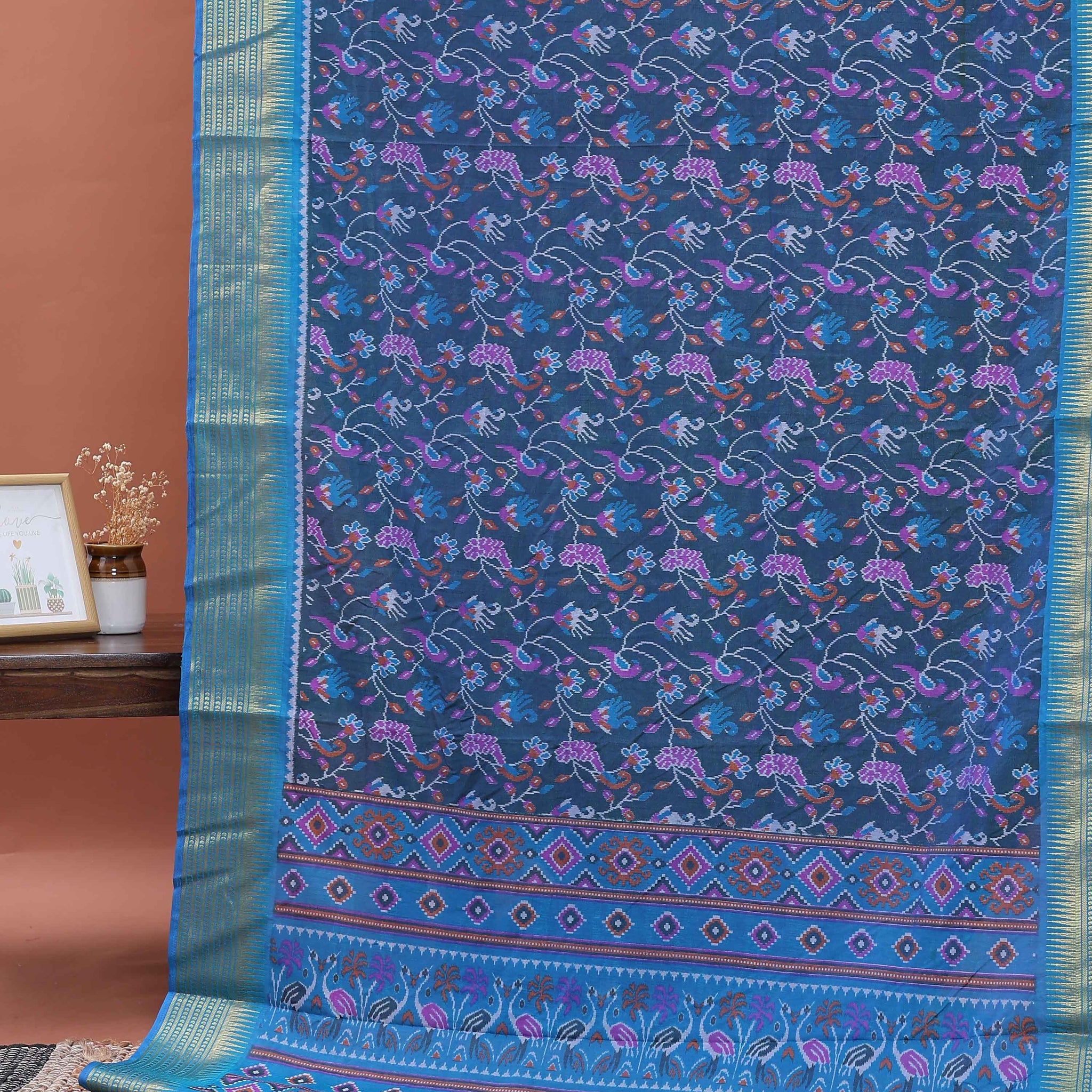 Elegant Patola Semi Silk Saree with Intricate Floral and Bird Motif Weaving, and Zari Border - Blue