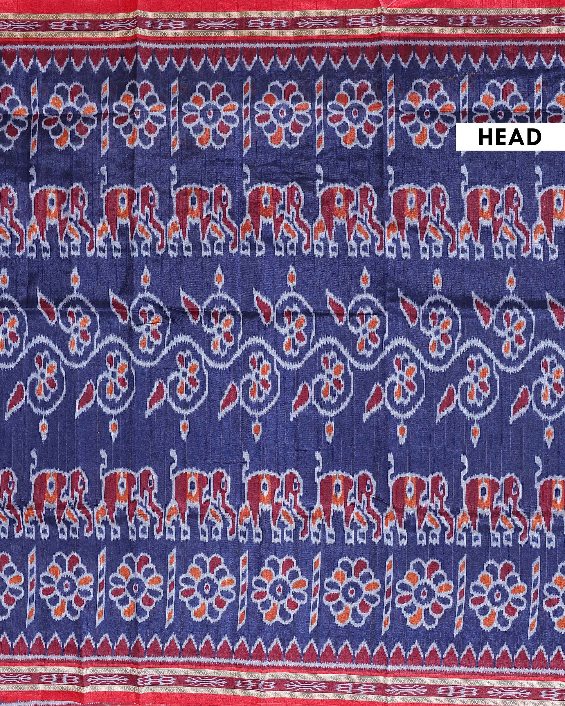 Elegant Pochampally Ikkat Handloom Saree with Elephant and Floral Motifs - Navy Blue