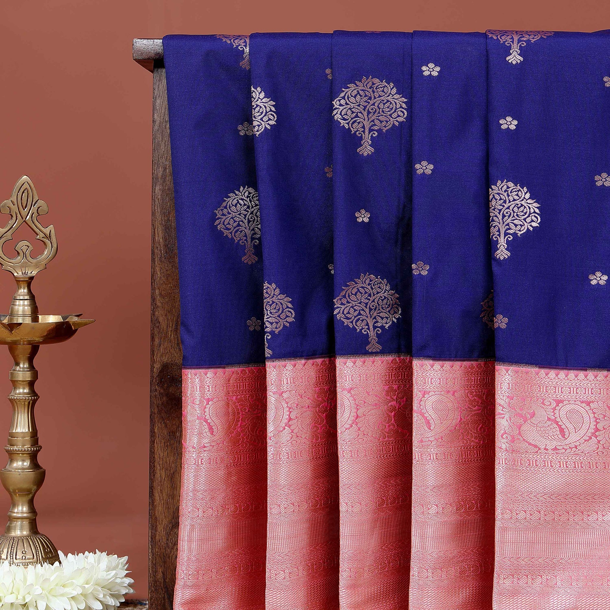 Elegant Premium Niranjana Silk Saree with Ornate Paisley Border and All-Over Zari Motifs - Blue