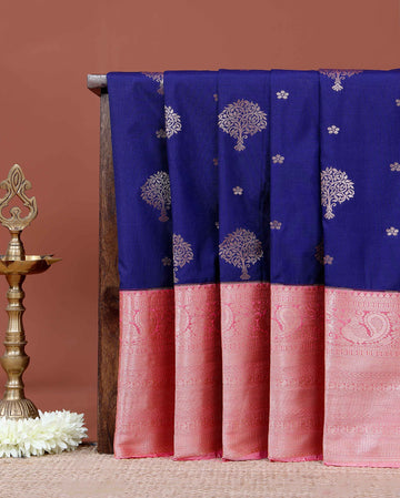 Elegant Premium Niranjana Silk Saree with Ornate Paisley Border and All-Over Zari Motifs - Blue