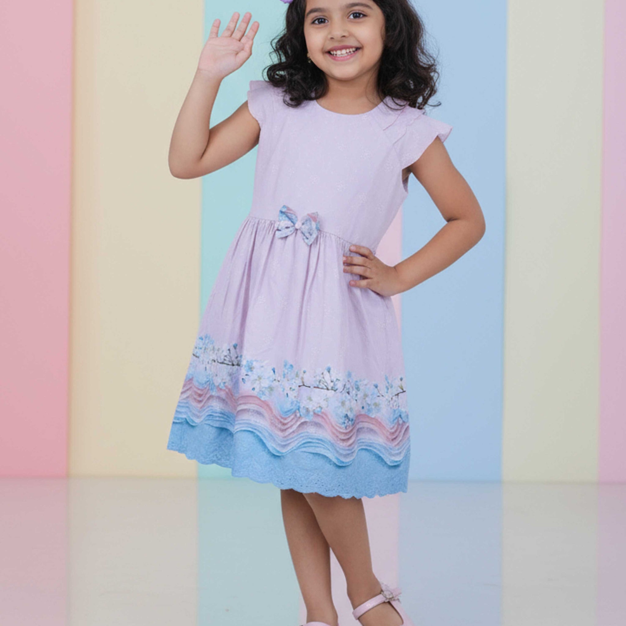 Elegant Printed Kids Party Wear Frock with Bow Detail and Layered Hem - Pink