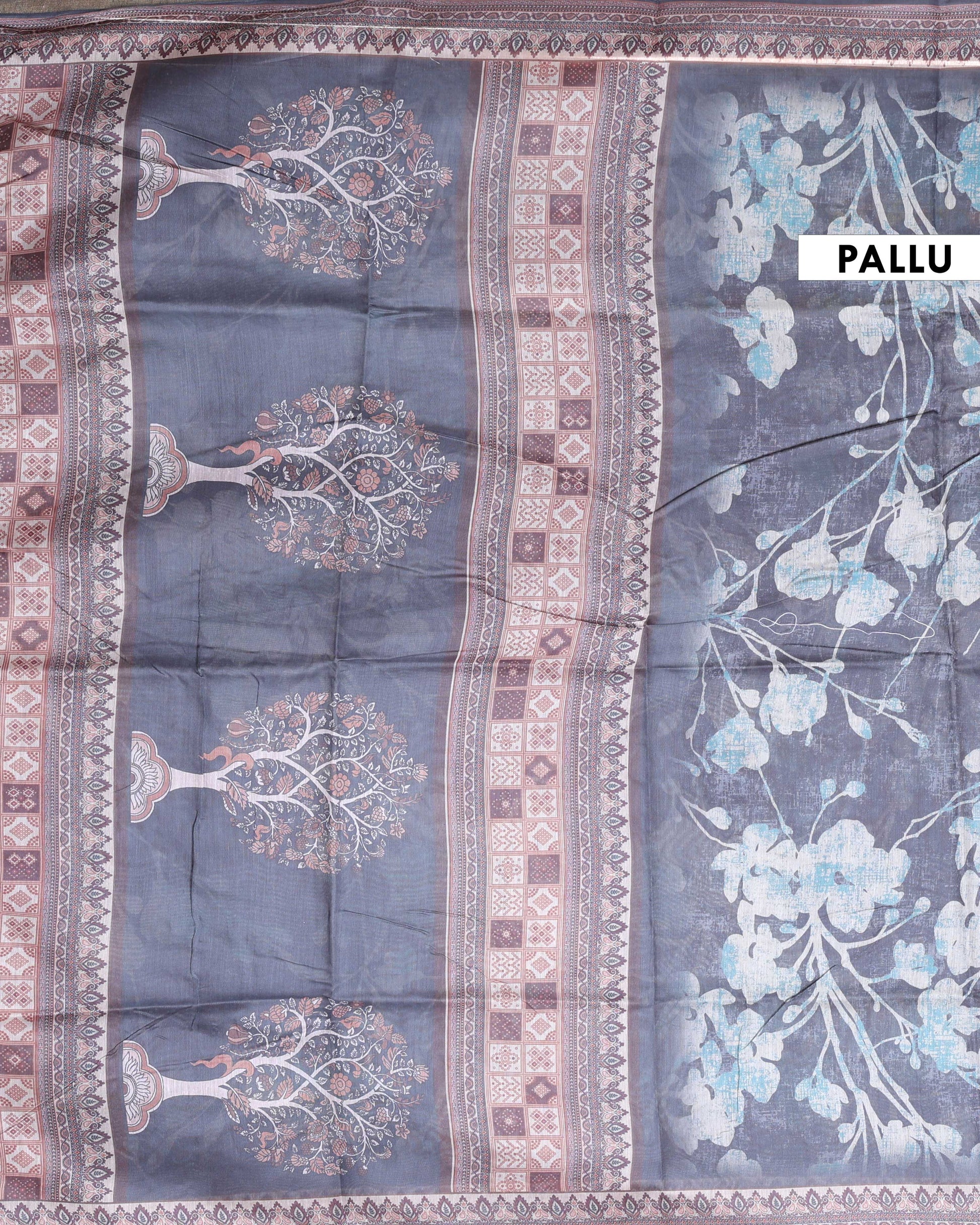 Elegant Printed Semi-Silk Saree with Intricate Floral Design and Zari Border - Black-Pallu