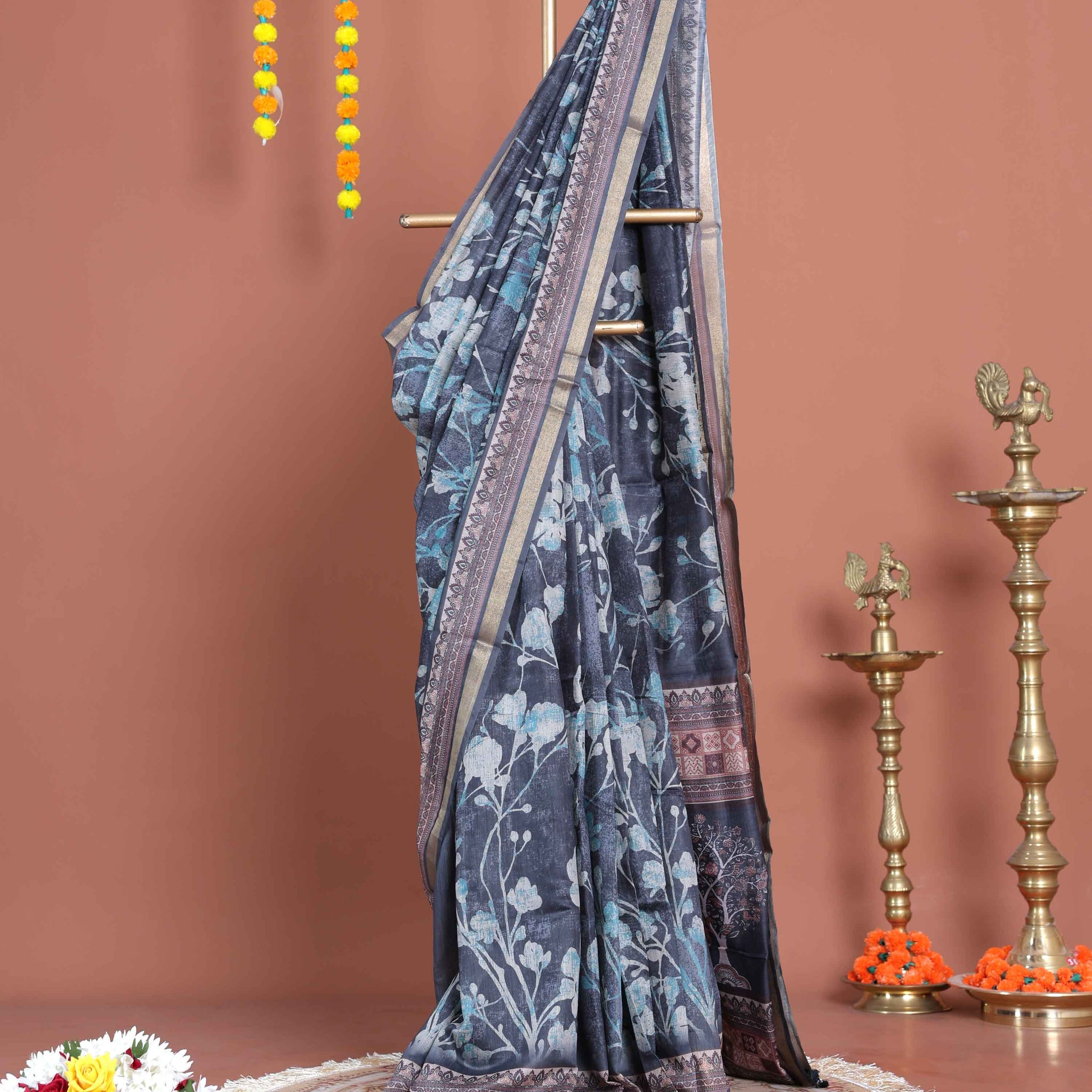 Elegant Printed Semi-Silk Saree with Intricate Floral Design and Zari Border - Black