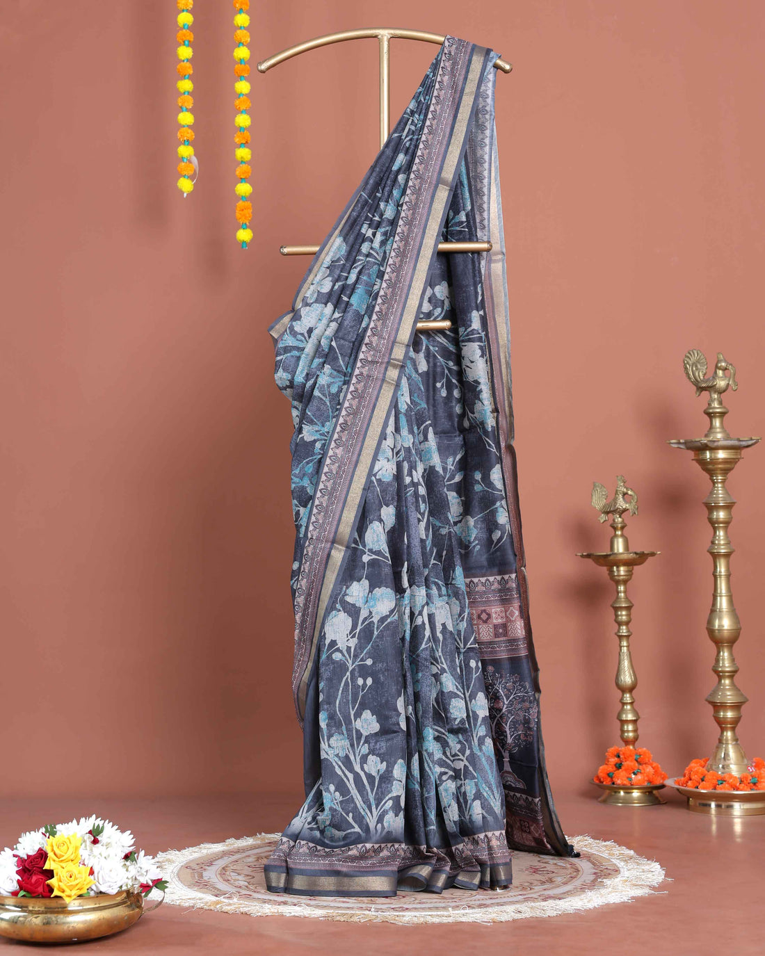Elegant Printed Semi-Silk Saree with Intricate Floral Design and Zari Border - Black