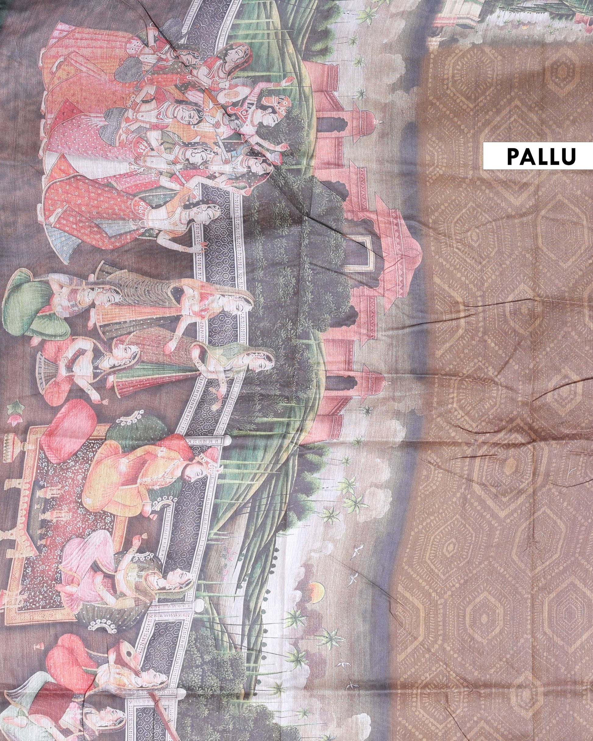 Elegant Printed Semi Silk Saree with Elaborate Border and Pallu - Brown-Pallu