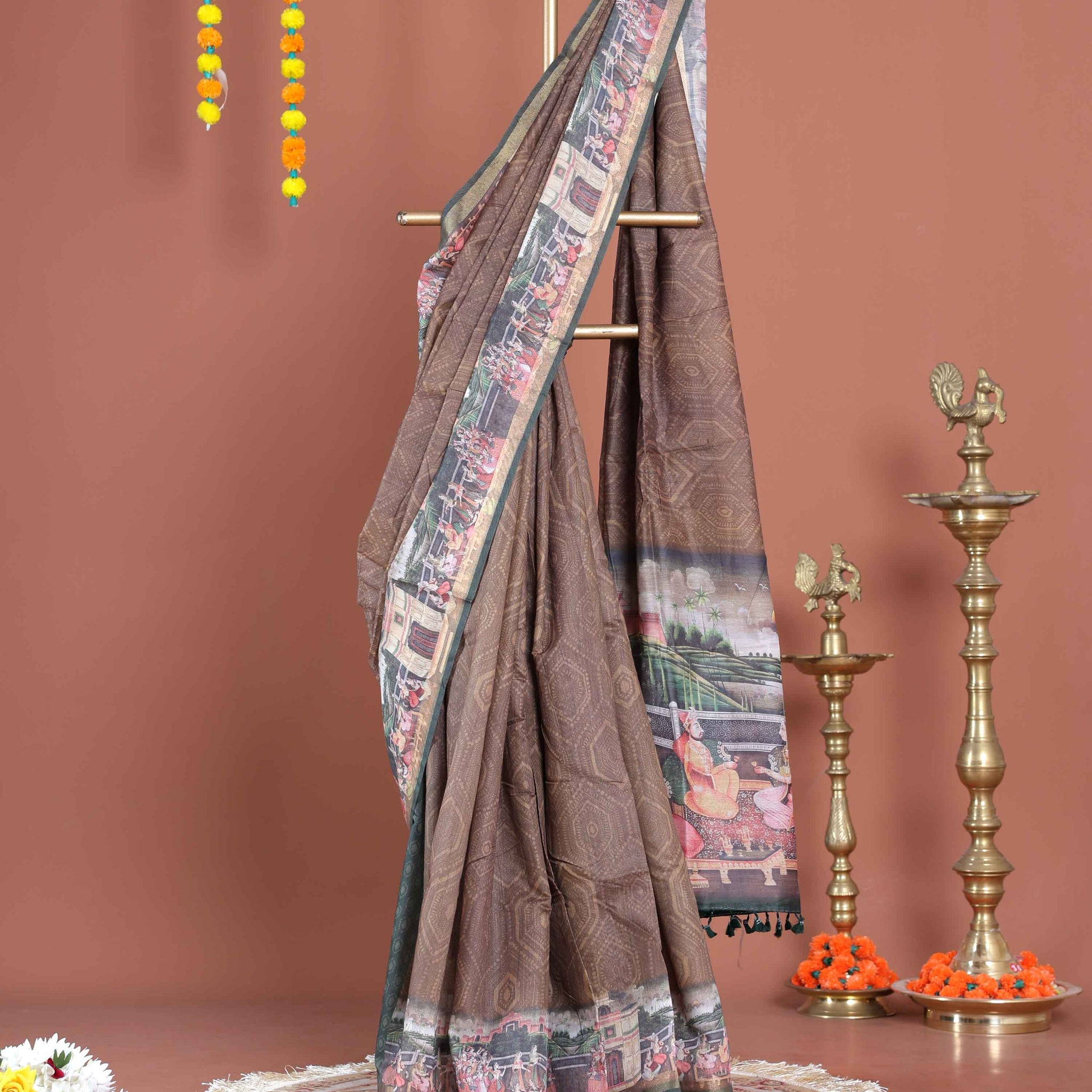 Elegant Printed Semi Silk Saree with Elaborate Border and Pallu - Brown