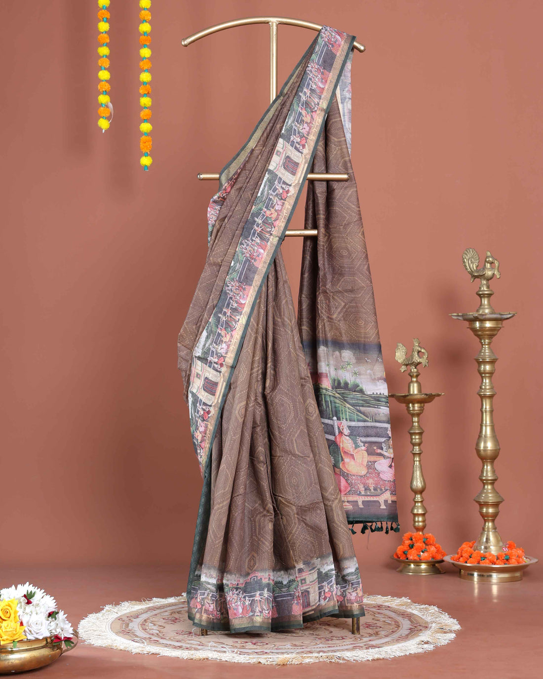Elegant Printed Semi Silk Saree with Elaborate Border and Pallu - Brown