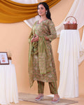 Elegant Printed Women’s Salwar Set with Straight Kurta, Matching Bottom, and Dupatta- Green -Side
