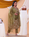 Elegant Printed Women’s Salwar Set with Straight Kurta, Matching Bottom, and Dupatta- Green -Side