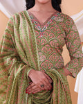 Elegant Printed Women’s Salwar Set with Straight Kurta, Matching Bottom, and Dupatta- Green -Close