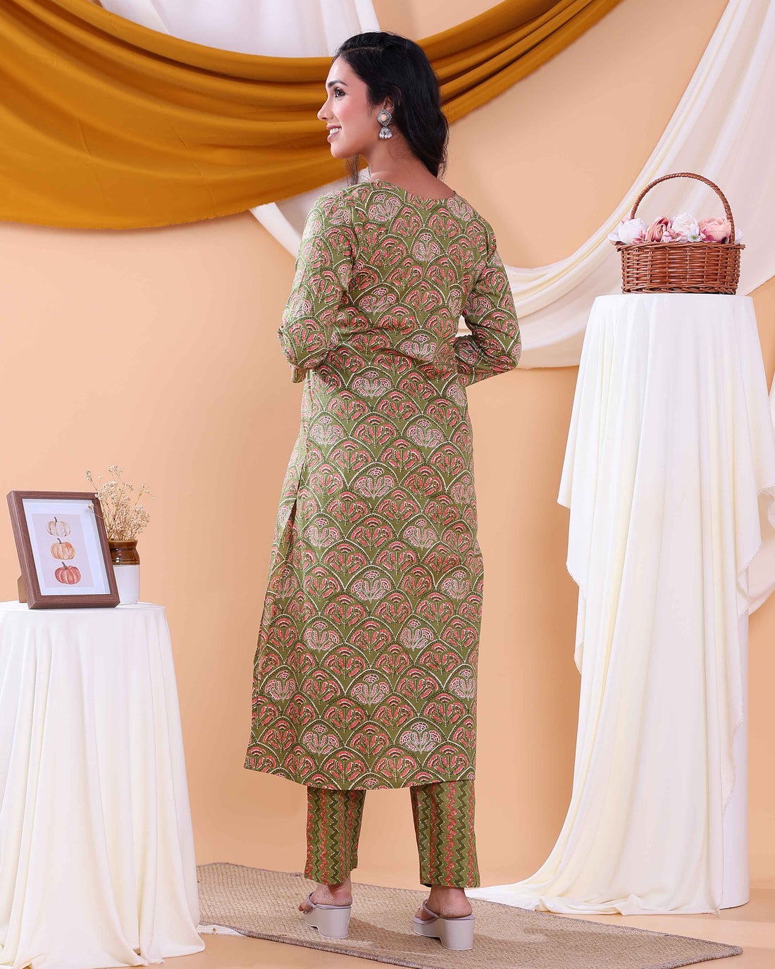 Elegant Printed Women’s Salwar Set with Straight Kurta, Matching Bottom, and Dupatta- Green 
