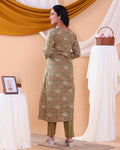 Elegant Printed Women’s Salwar Set with Straight Kurta, Matching Bottom, and Dupatta- Green -Side