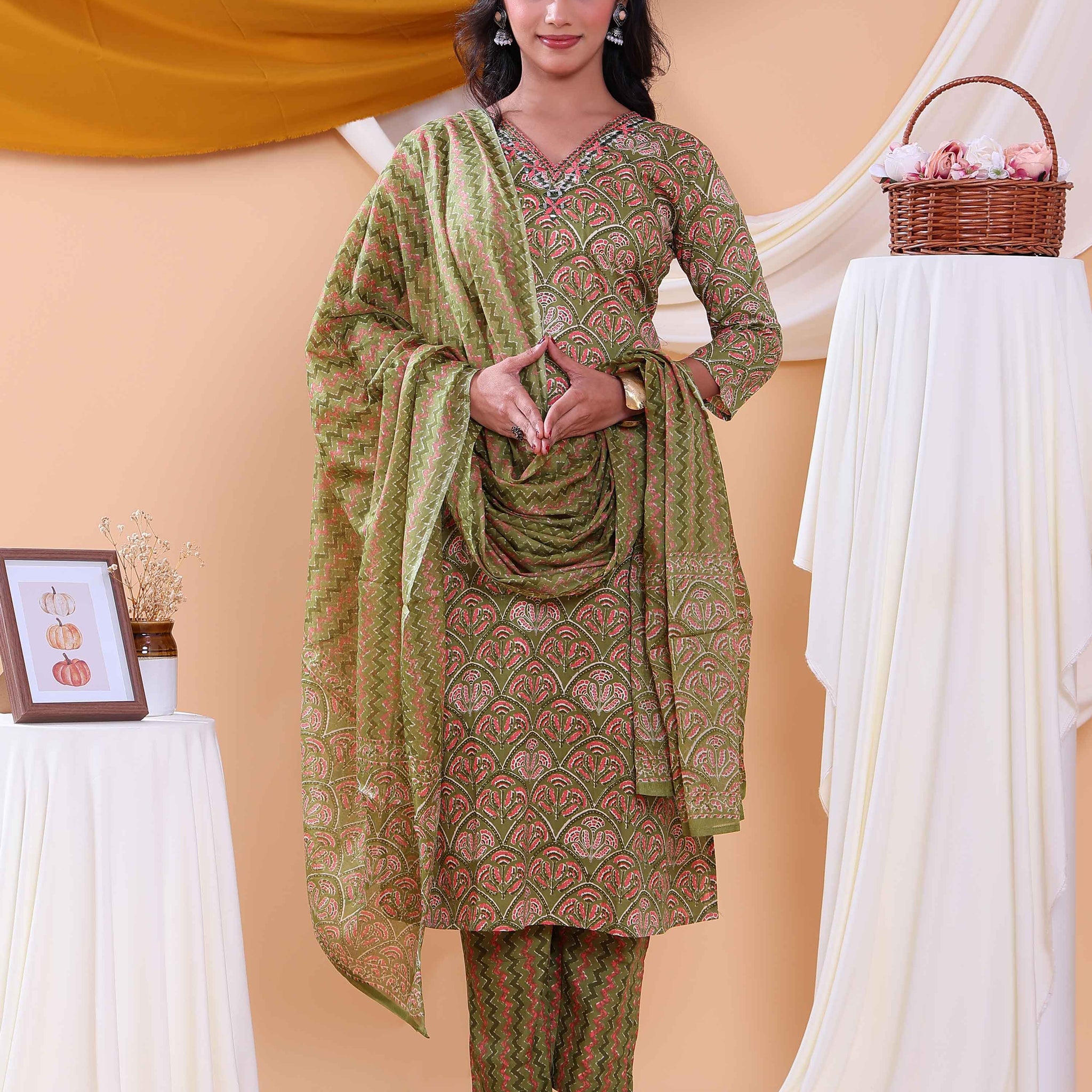 Elegant Printed Women’s Salwar Set with Straight Kurta, Matching Bottom, and Dupatta- Green 