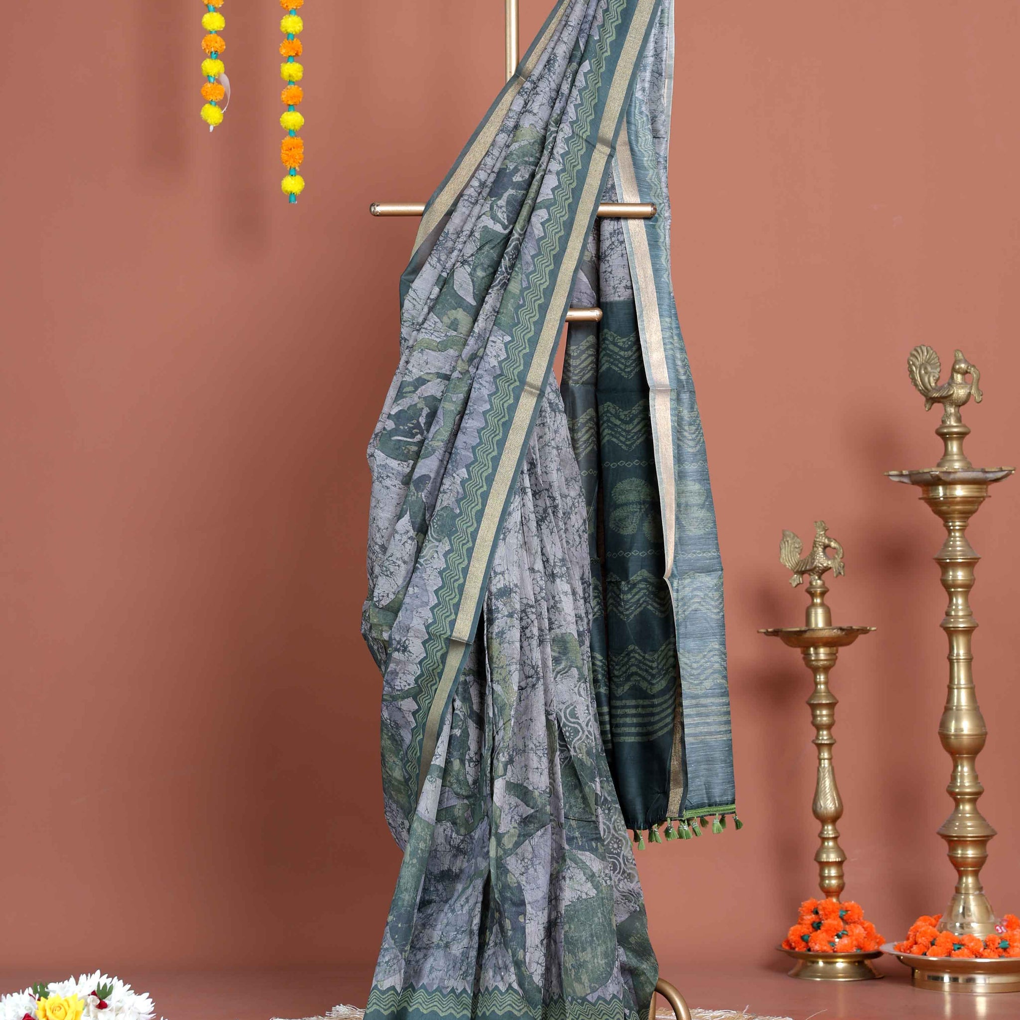 Elegant Semi-Silk Saree with Abstract Floral Print and Detailed Border - Green