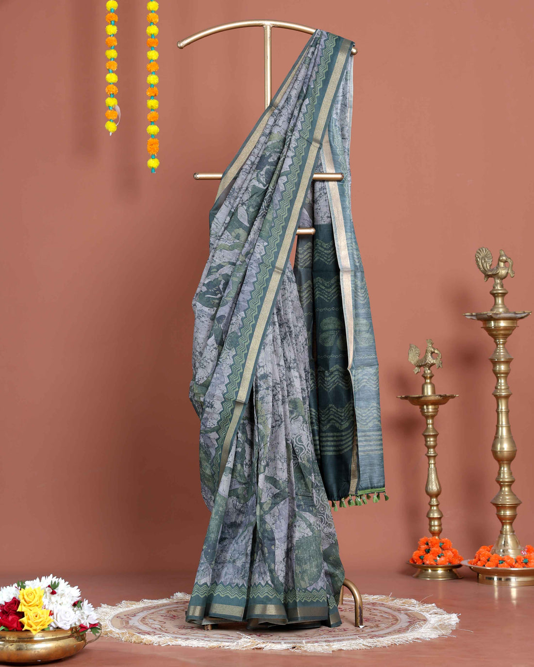 Elegant Semi-Silk Saree with Abstract Floral Print and Detailed Border - Green
