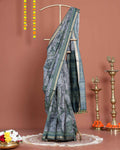 Elegant Semi-Silk Saree with Abstract Floral Print and Detailed Border - Green