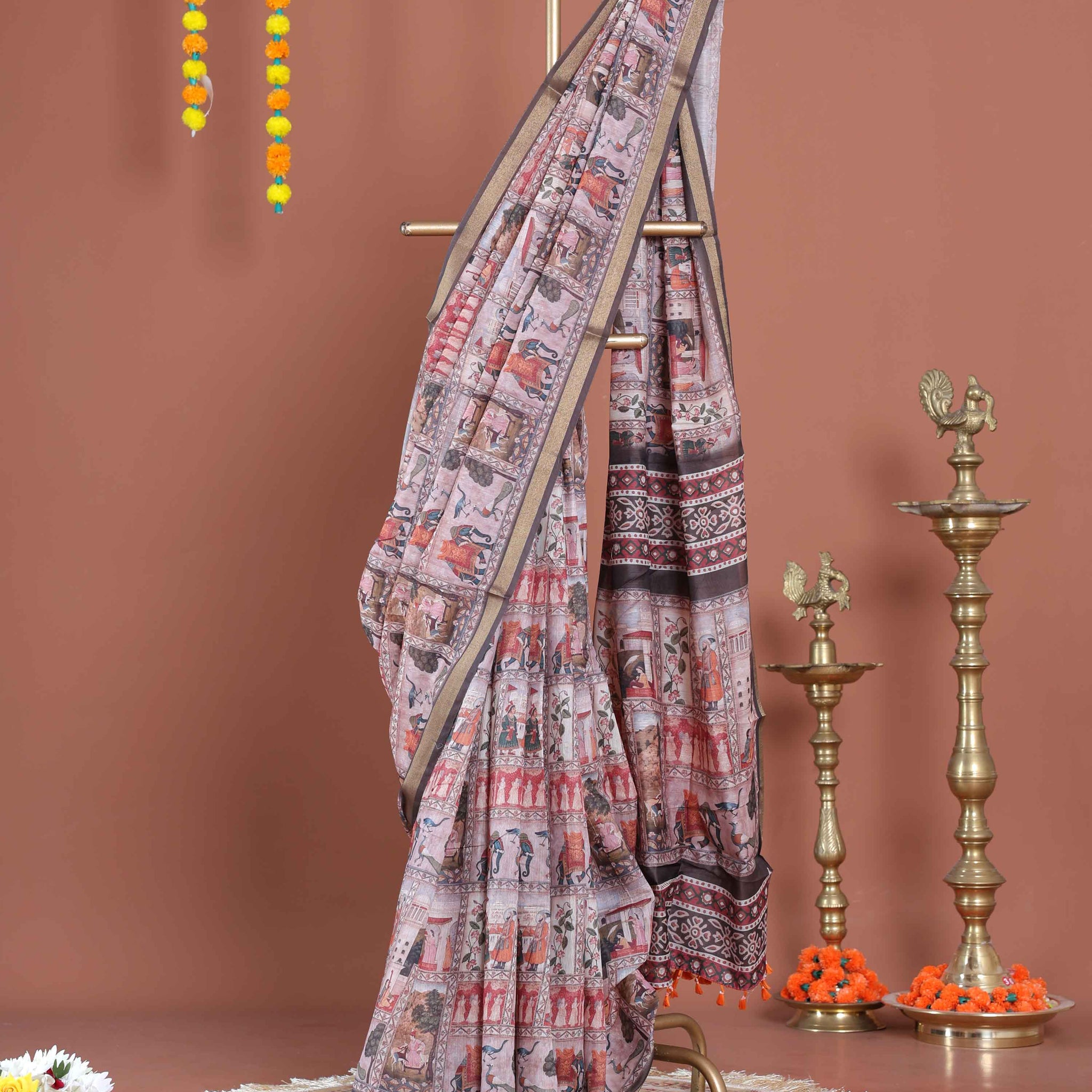 Elegant Semi-Silk Saree with Handloom-Style Weave and Traditional Patterns - Light Brown