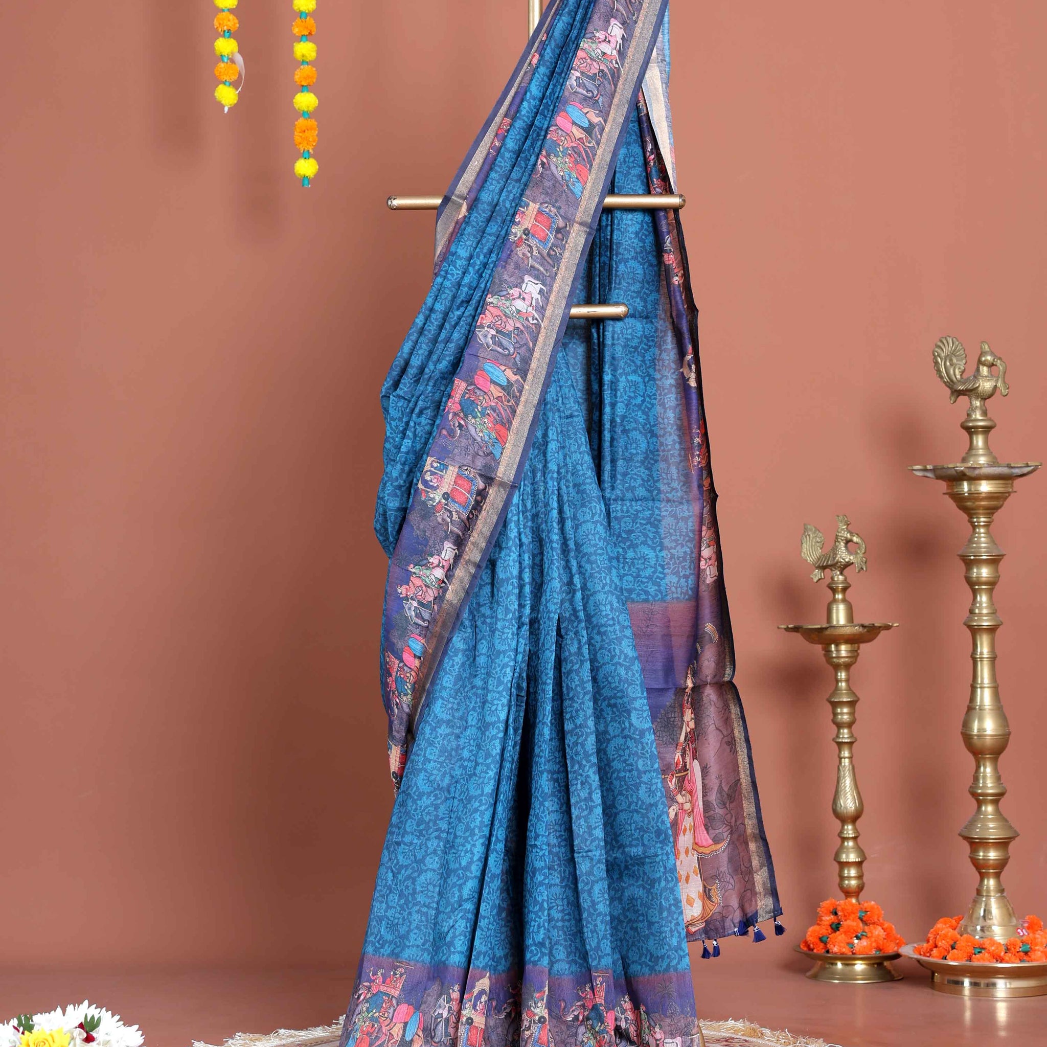 
Elegant Semi-Silk Saree with Intricate Folk Art Border and Pallu - Blue
