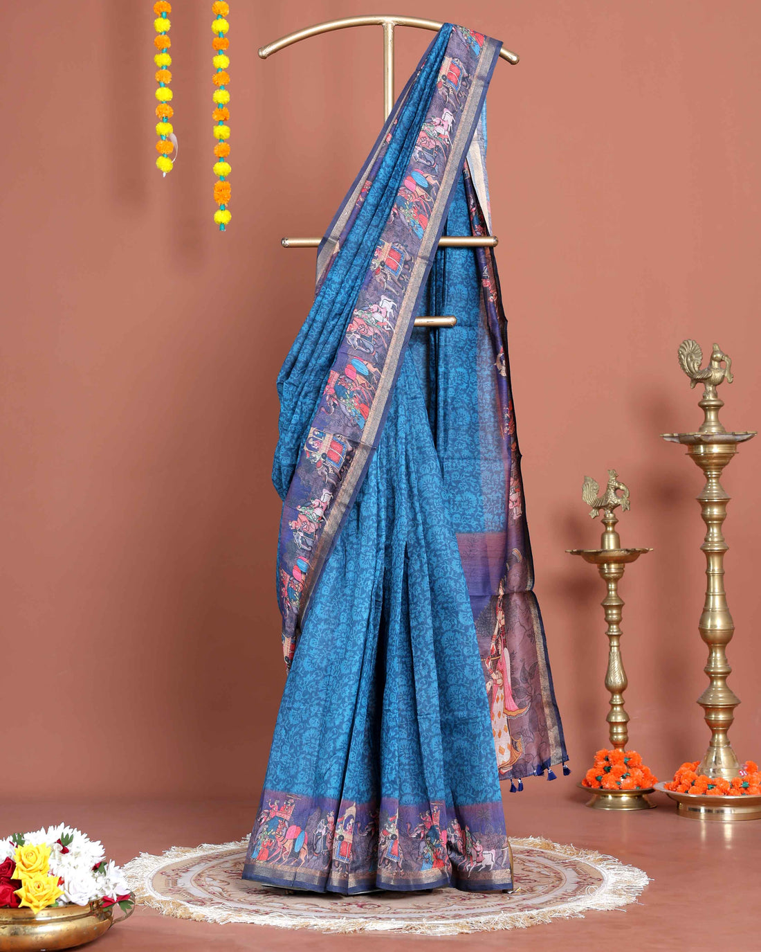 
Elegant Semi-Silk Saree with Intricate Folk Art Border and Pallu - Blue
