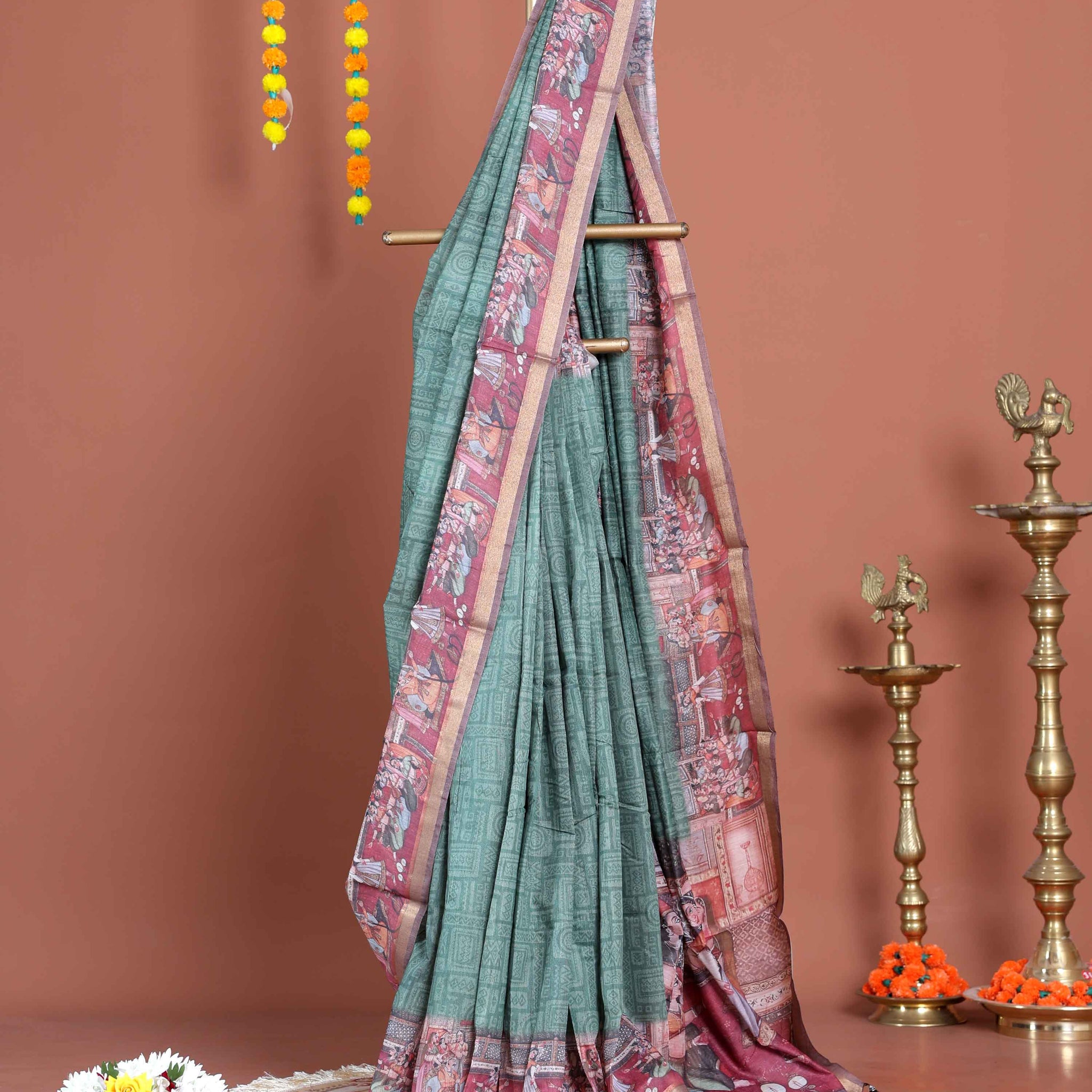 Elegant Semi-Silk Saree with Intricate Printed Border and Pallu - Green
