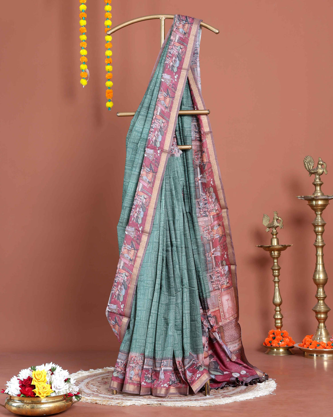 Elegant Semi-Silk Saree with Intricate Printed Border and Pallu - Green