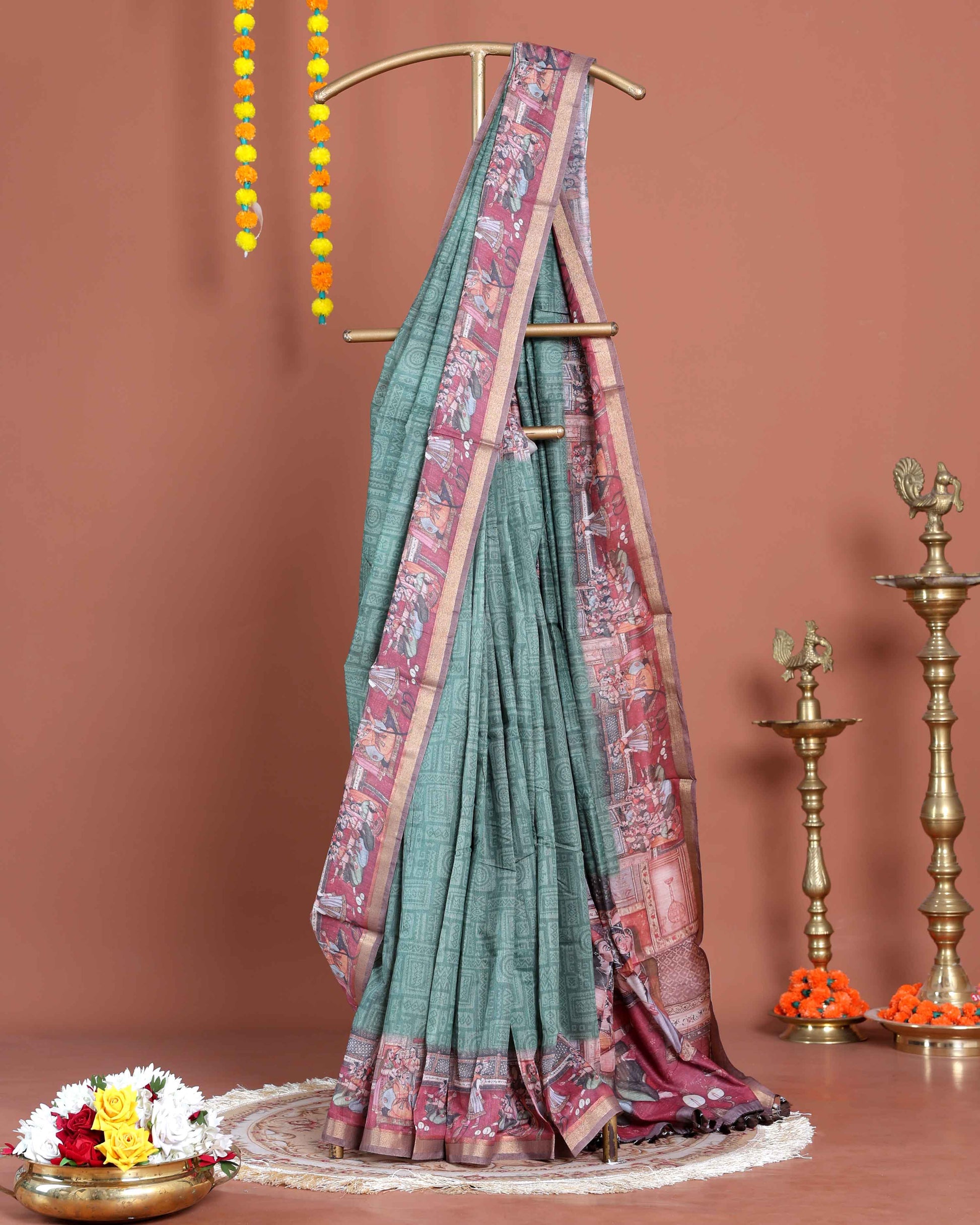 Elegant Semi-Silk Saree with Intricate Printed Border and Pallu - Green