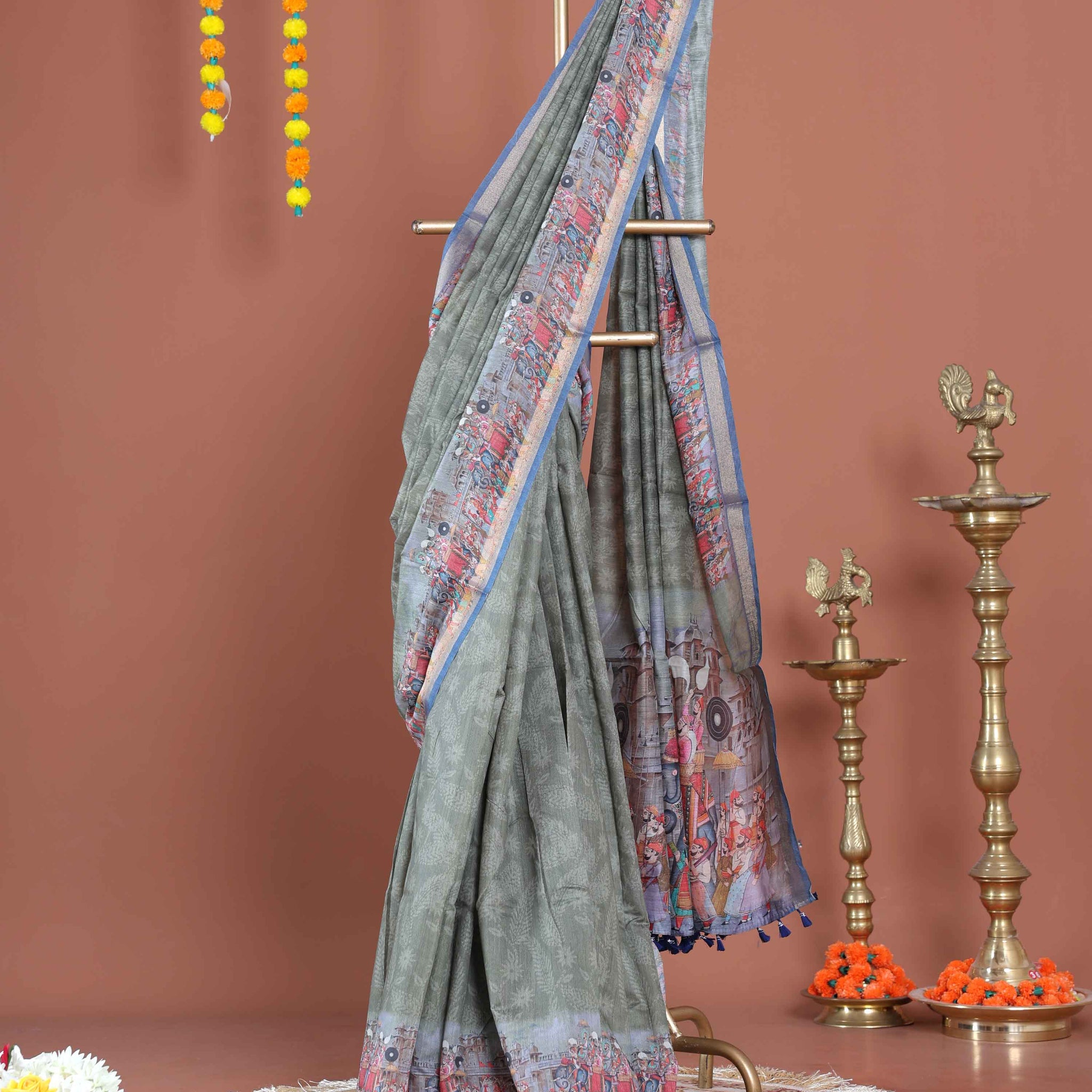 Elegant Semi-Silk Saree with Traditional Border Print - Green
