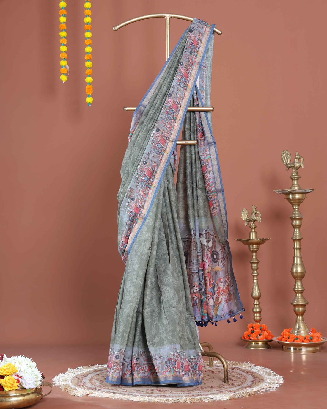 Elegant Semi-Silk Saree with Traditional Border Print - Green