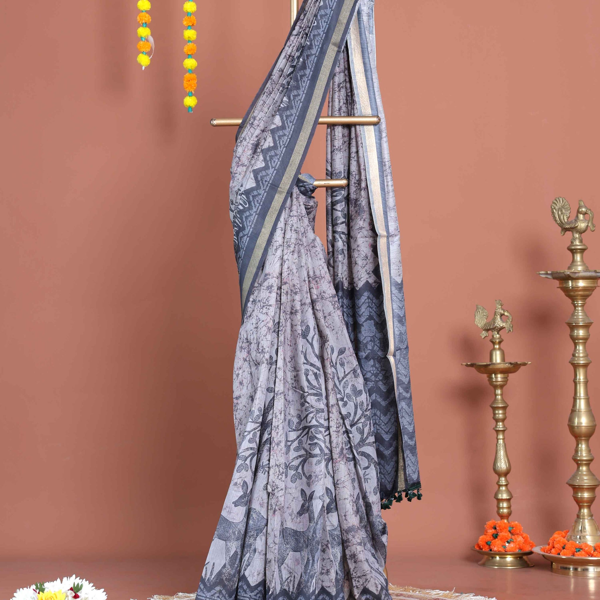 Elegant Semi-Silk Saree with Traditional Printed Design and Geometric Border - Grey
