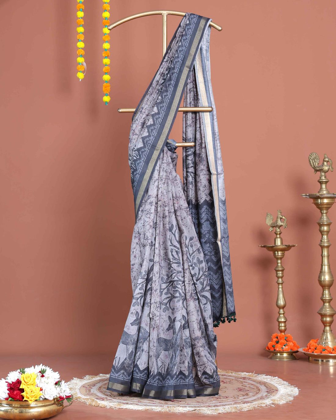 Elegant Semi-Silk Saree with Traditional Printed Design and Geometric Border - Grey