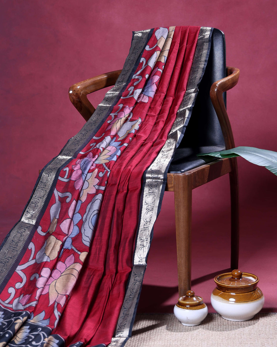 Elegant Semi Chanderi Saree Bold Floral Design and Rich Ethnic Zari Border - Red