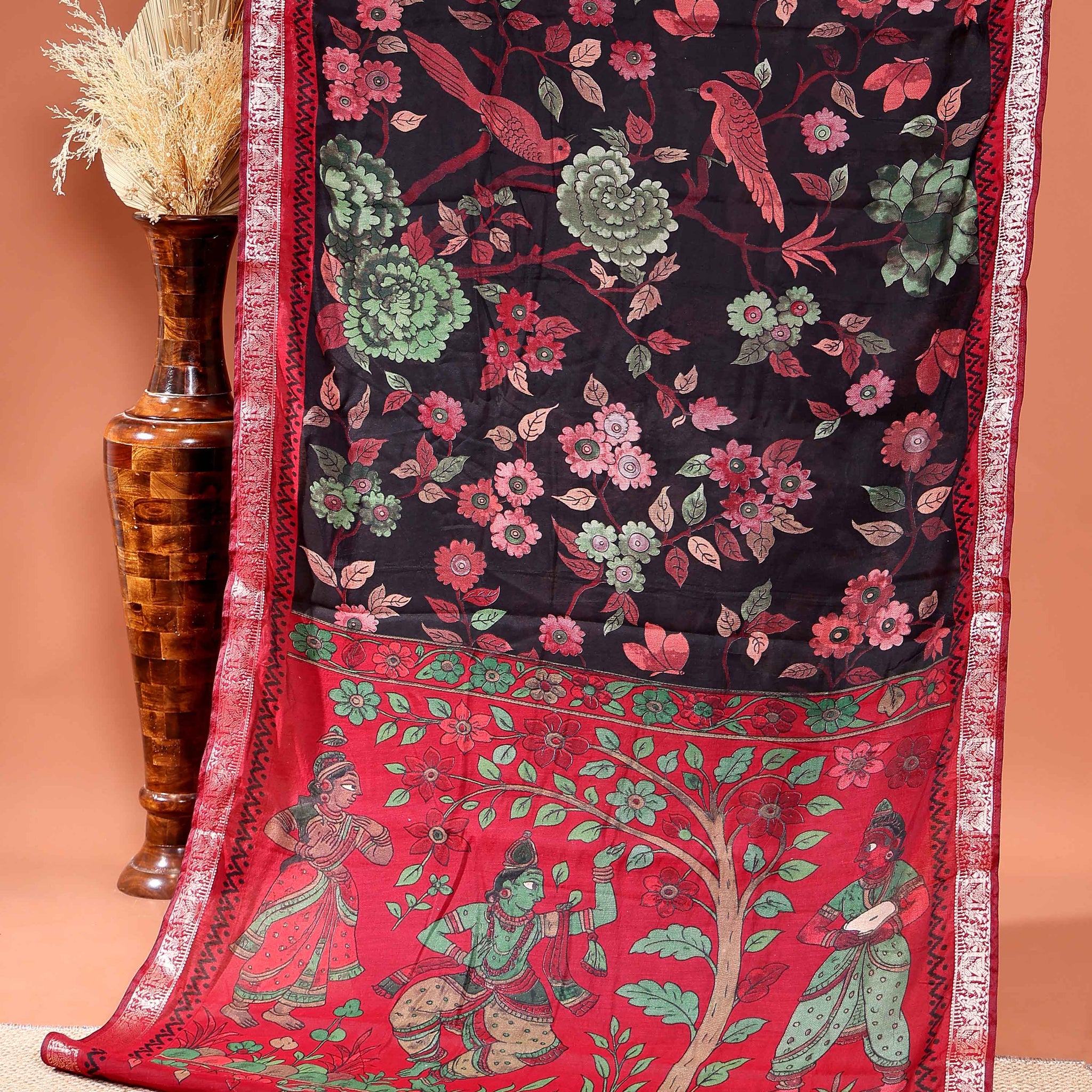 Elegant Semi Chanderi Saree Botanical Motifs and Heritage Art Pallu Design - Dark Brown