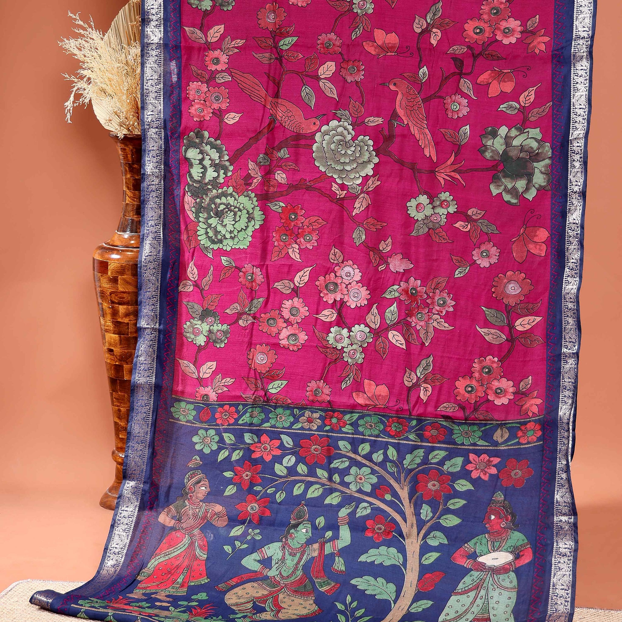 Elegant Semi Chanderi Saree Botanical Motifs and Heritage Mythological Art Pallu - Pink