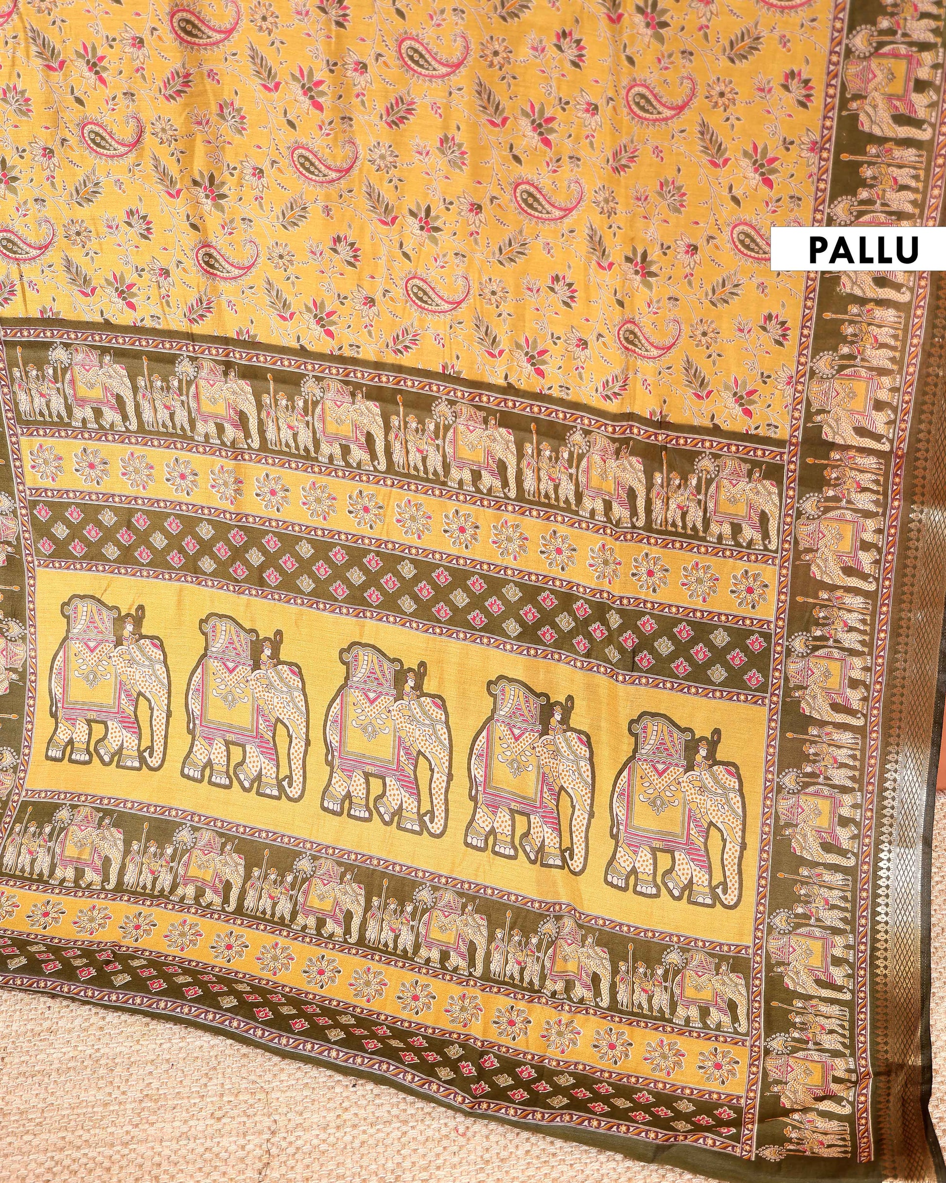 Elegant Semi Chanderi Saree Featuring Floral Butta Pattern and Elephant Motif Pallu - Yellow