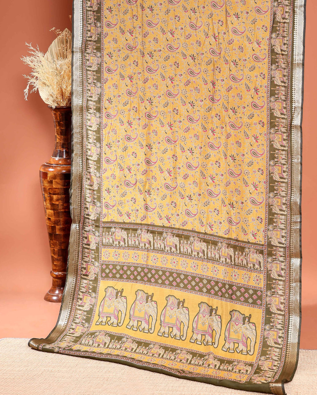 Elegant Semi Chanderi Saree Featuring Floral Butta Pattern and Elephant Motif Pallu - Yellow