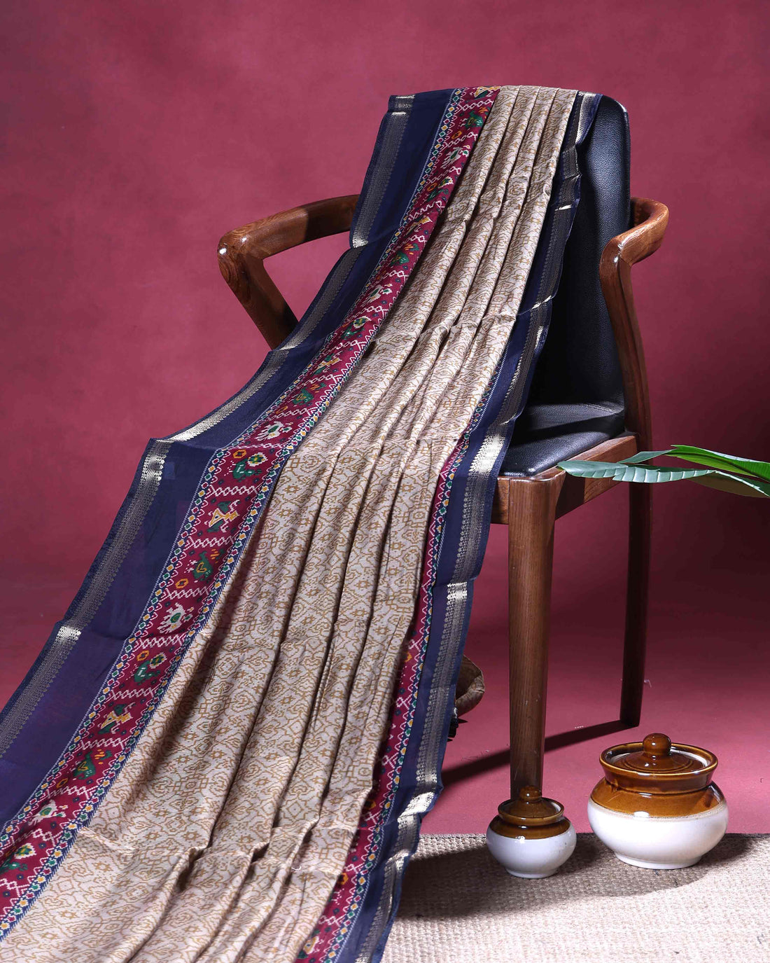 Elegant Semi Chanderi Saree Motif Border and Designer Pallu Work - Beige