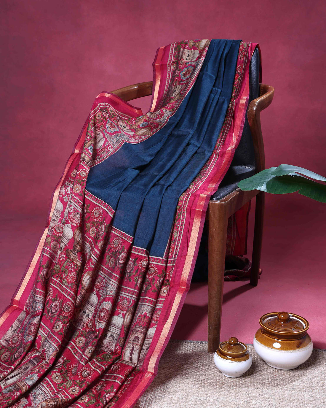 Elegant Semi Chanderi Saree With Intricate Temple & Floral Motifs and Traditional Zari Accents - Blue
