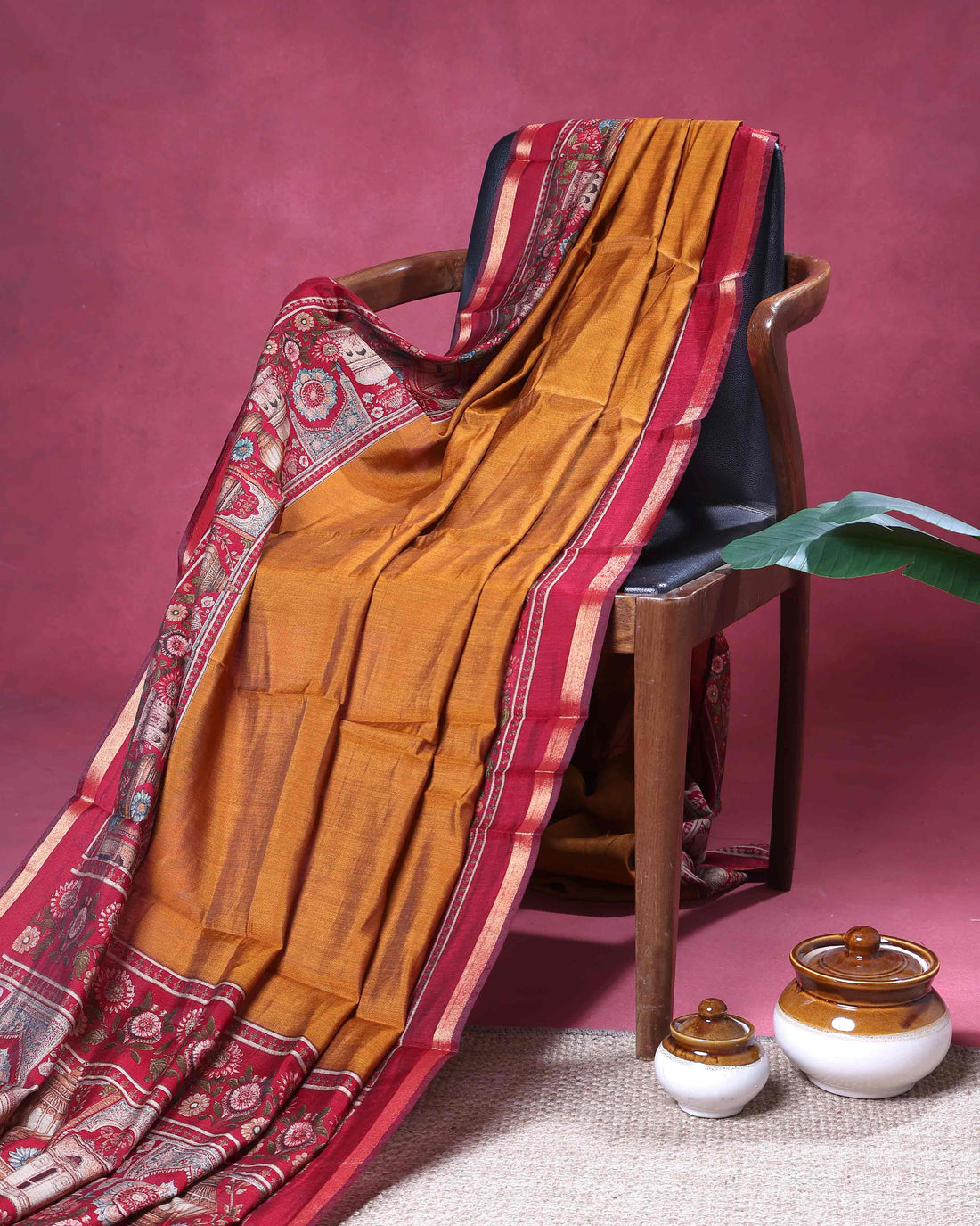 Elegant Semi Chanderi Saree With Intricate Temple & Floral Motifs and Traditional Zari Accents - Mustard