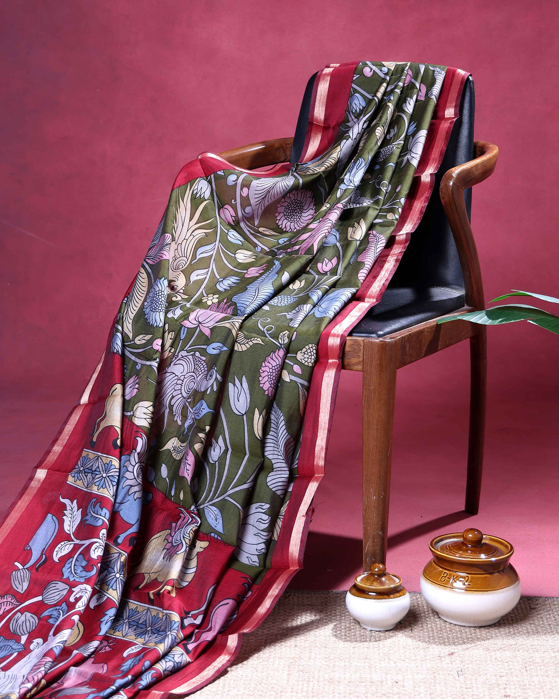Elegant Semi Chanderi Saree with All-Over Botanical Floral Vine Print and Graceful Bird Motifs  - Olive