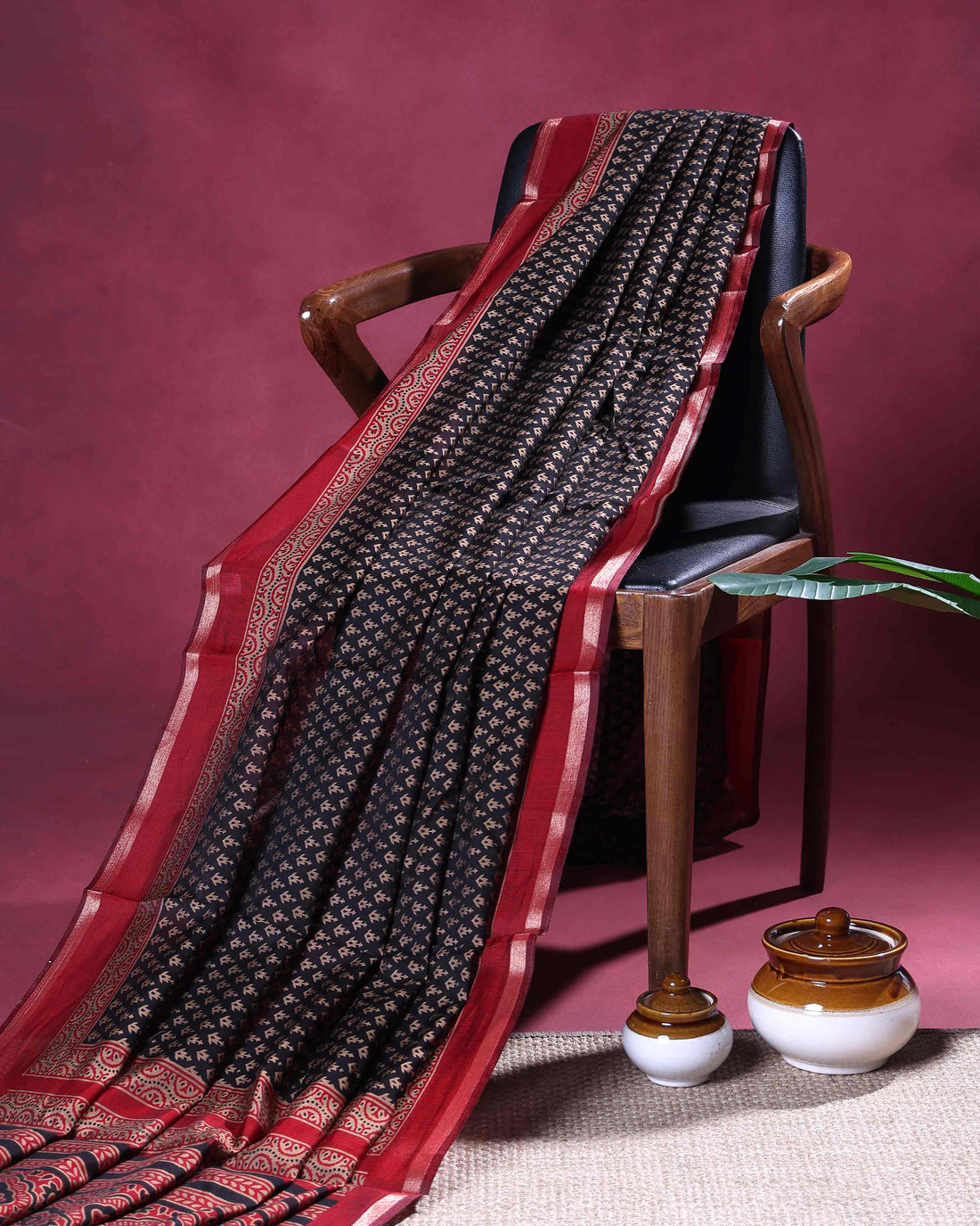 Elegant Semi Chanderi Saree with All-Over Buta Weaving and Traditional Woven Border - Black