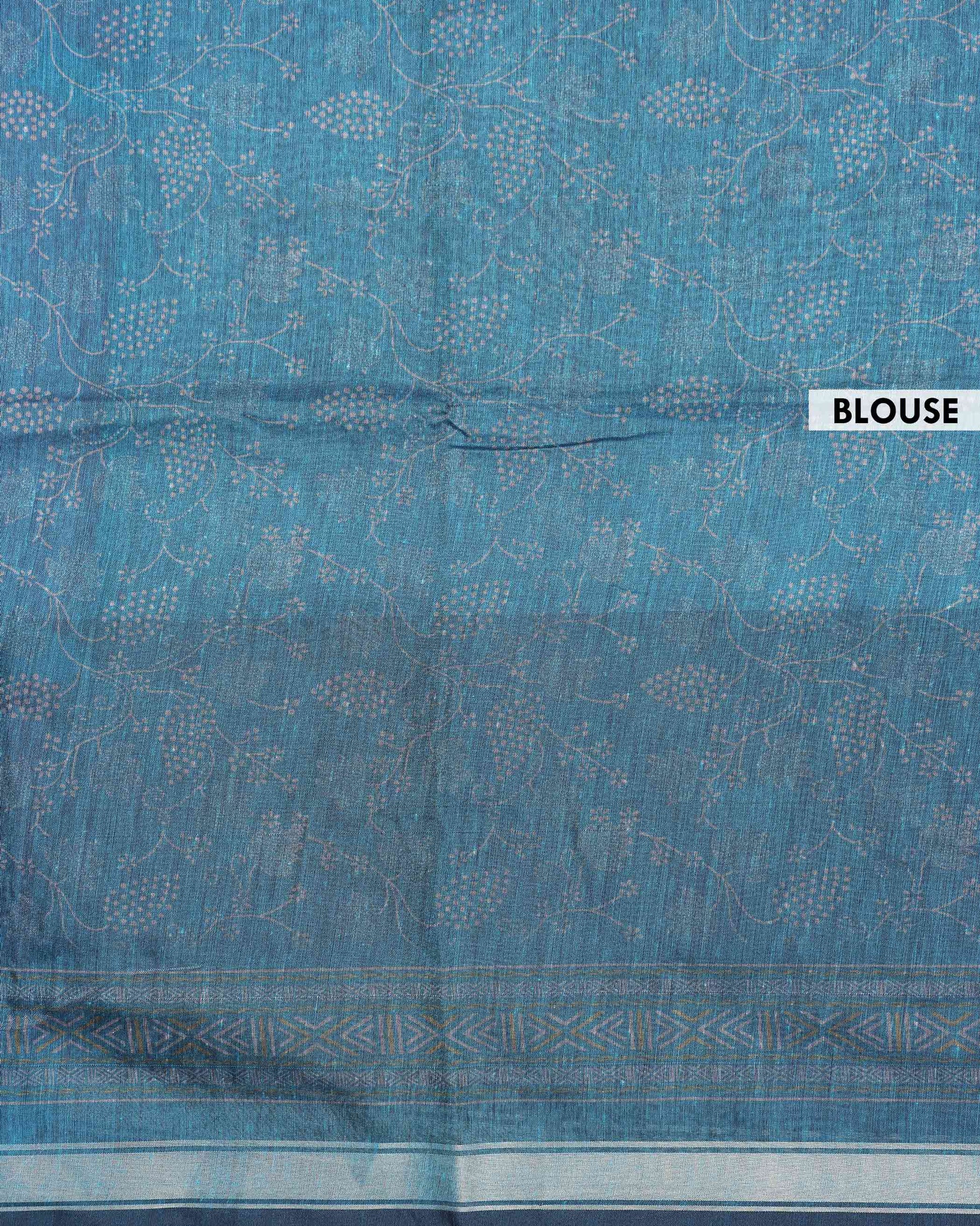 Elegant Semi Chanderi Saree with All-Over Floral Vine Buta Motifs and Intricately Contrast Zari Border -Blouse-Blue 