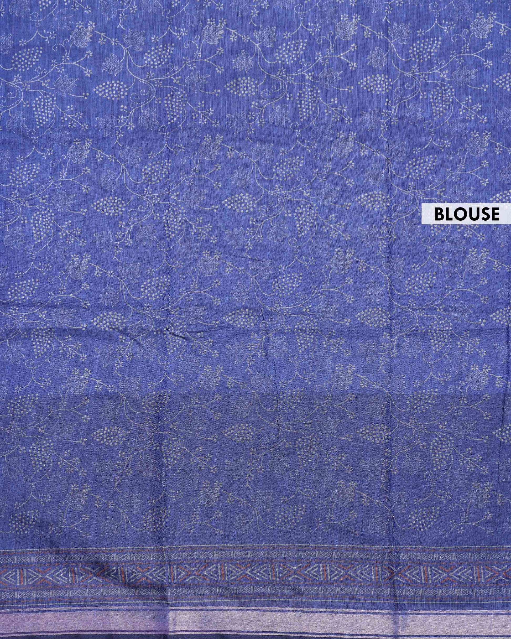Elegant Semi Chanderi Saree with All-Over Floral Vine Buta Motifs and Intricately Contrast Zari Border  - Blue-Blouse