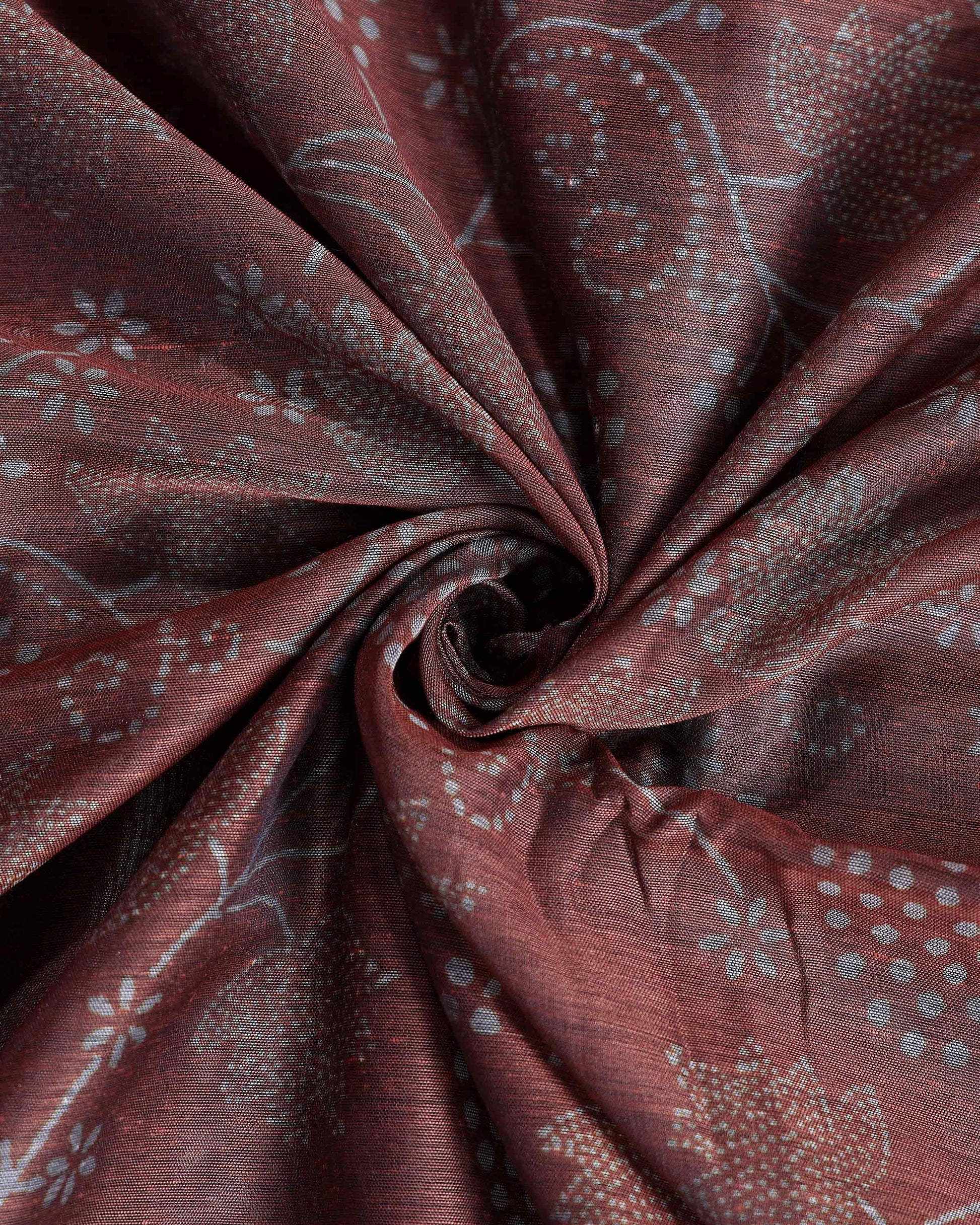 Elegant Semi Chanderi Saree with All-Over Floral Vine Buta Motifs and Intricately Contrast Zari Border  - Coffee Brown-Close Up