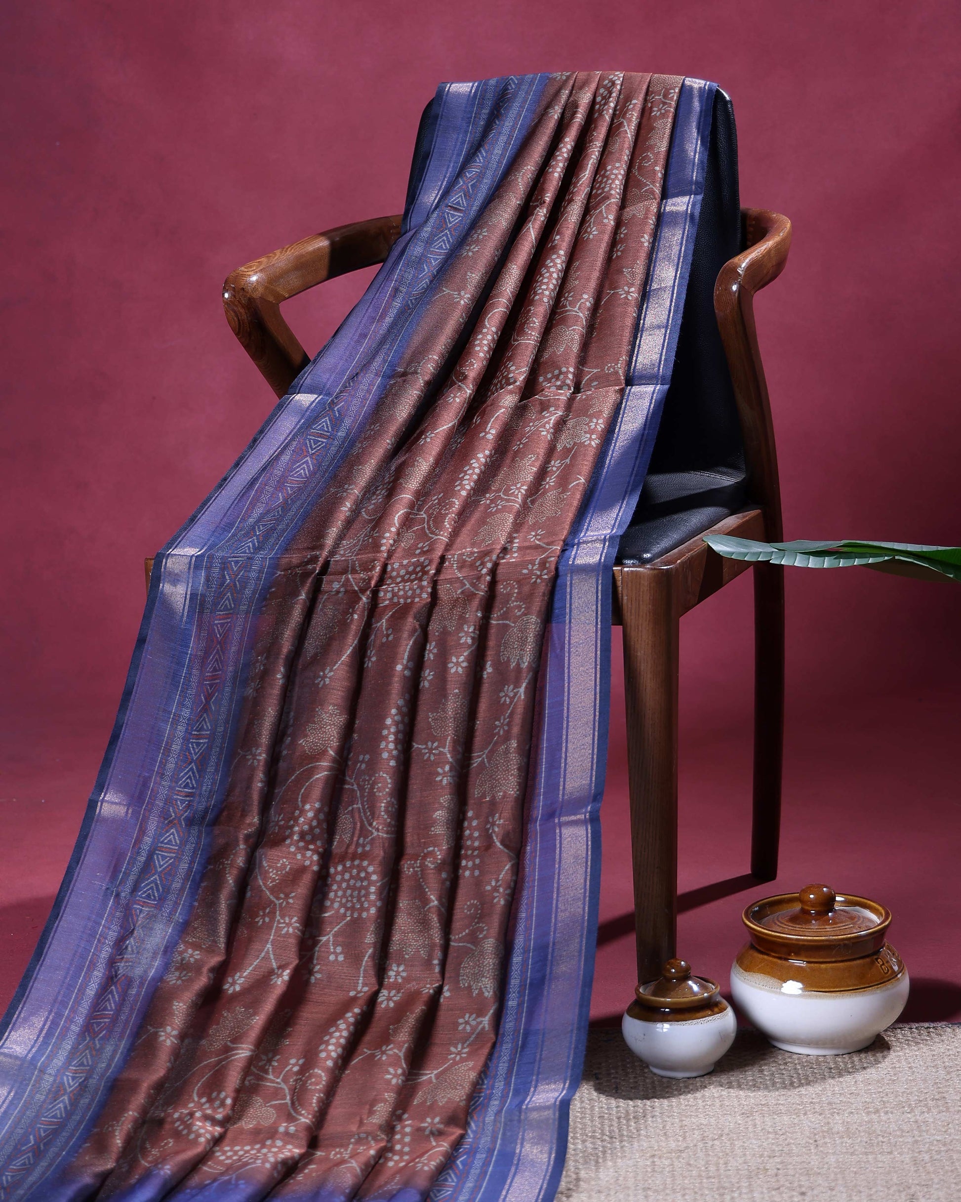 Elegant Semi Chanderi Saree with All-Over Floral Vine Buta Motifs and Intricately Contrast Zari Border  - Coffee Brown