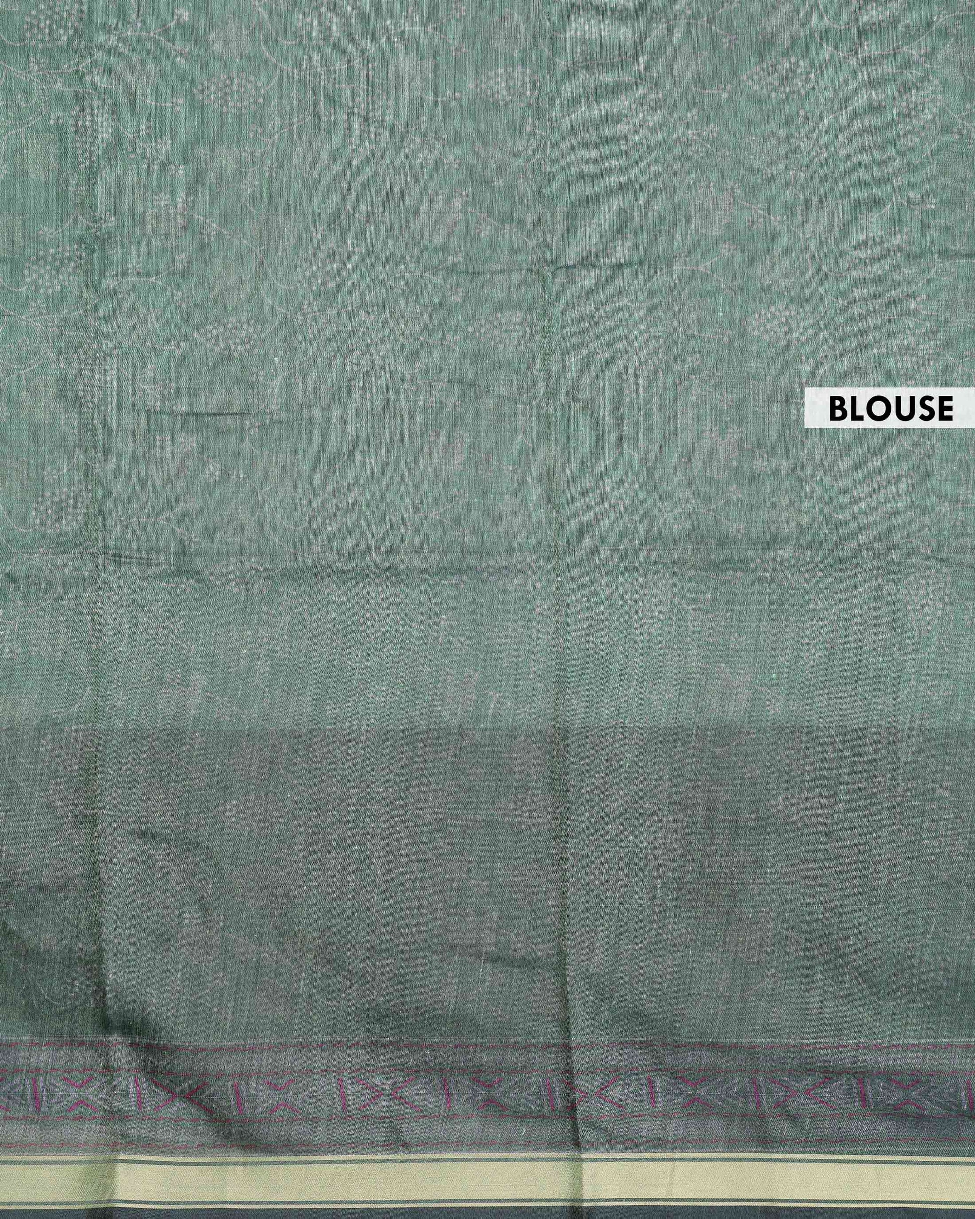 Elegant Semi Chanderi Saree with All-Over Floral Vine Buta Motifs and Intricately Contrast Zari Border  - Green-Blouse